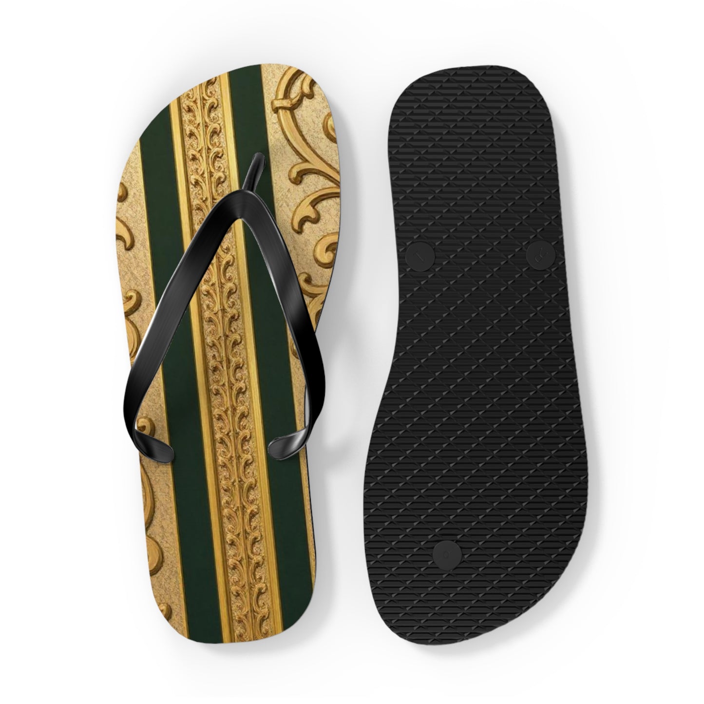 Elegant Teal Striped Gold Baroque Flip Flops, Summer Sandals, Beach Footwear, Vacation Essentials, Stylish Slippers, Poolside Accessories