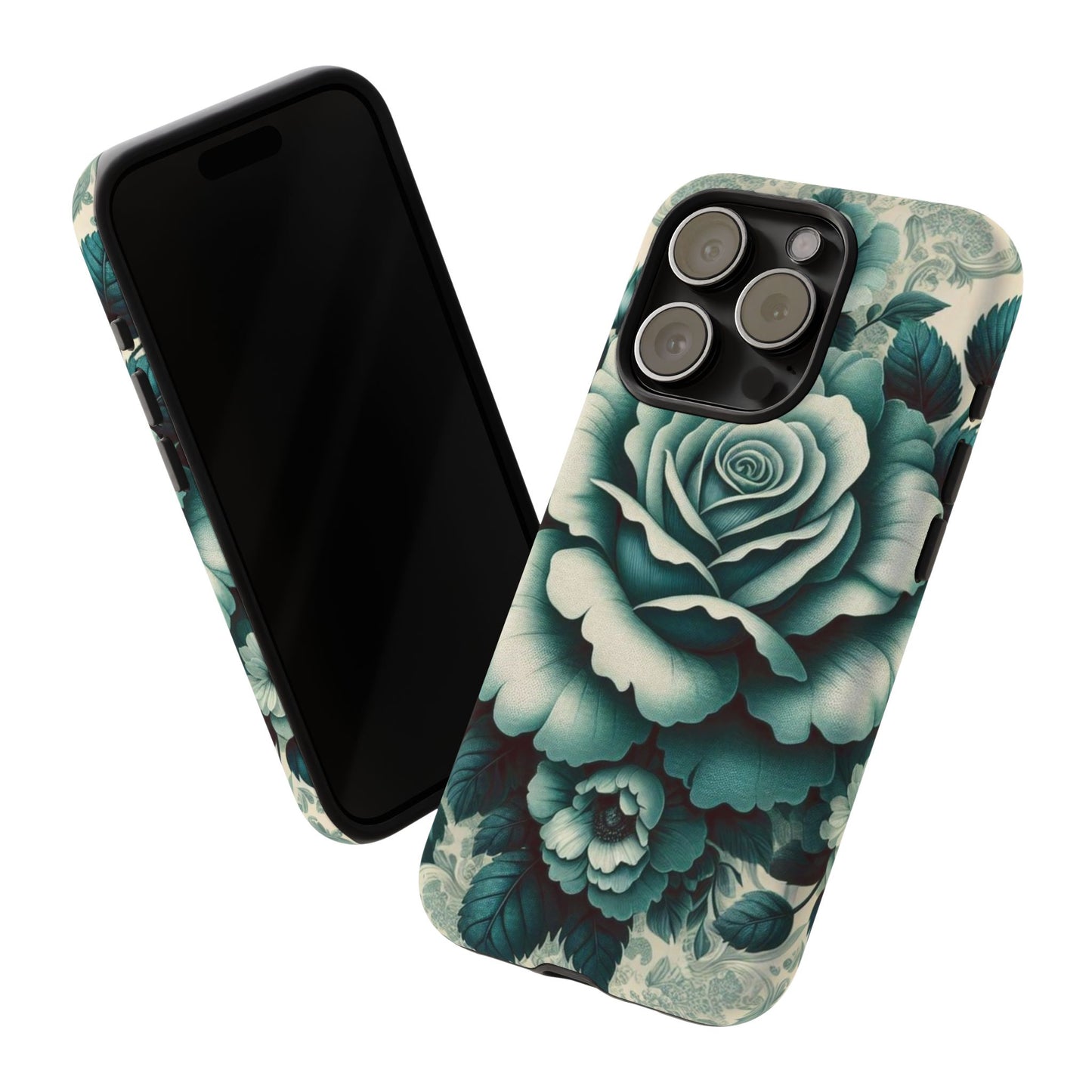 Elegant Floral Motif Phone Case - Tough Cases with Vintage Design - Teal Roses & Damask