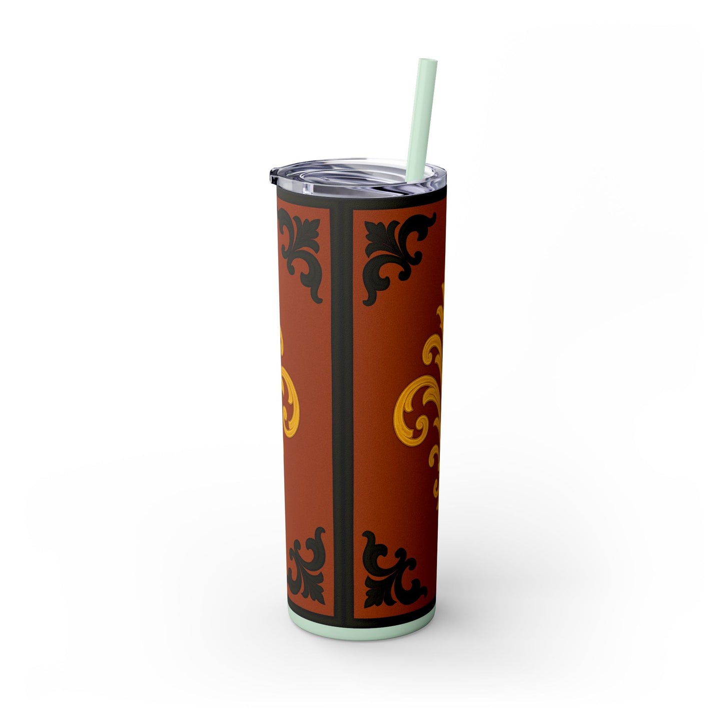 Dusk Terracotta Baroque 20oz Skinny Tumbler with Straw — Vintage Gold Baroque Design