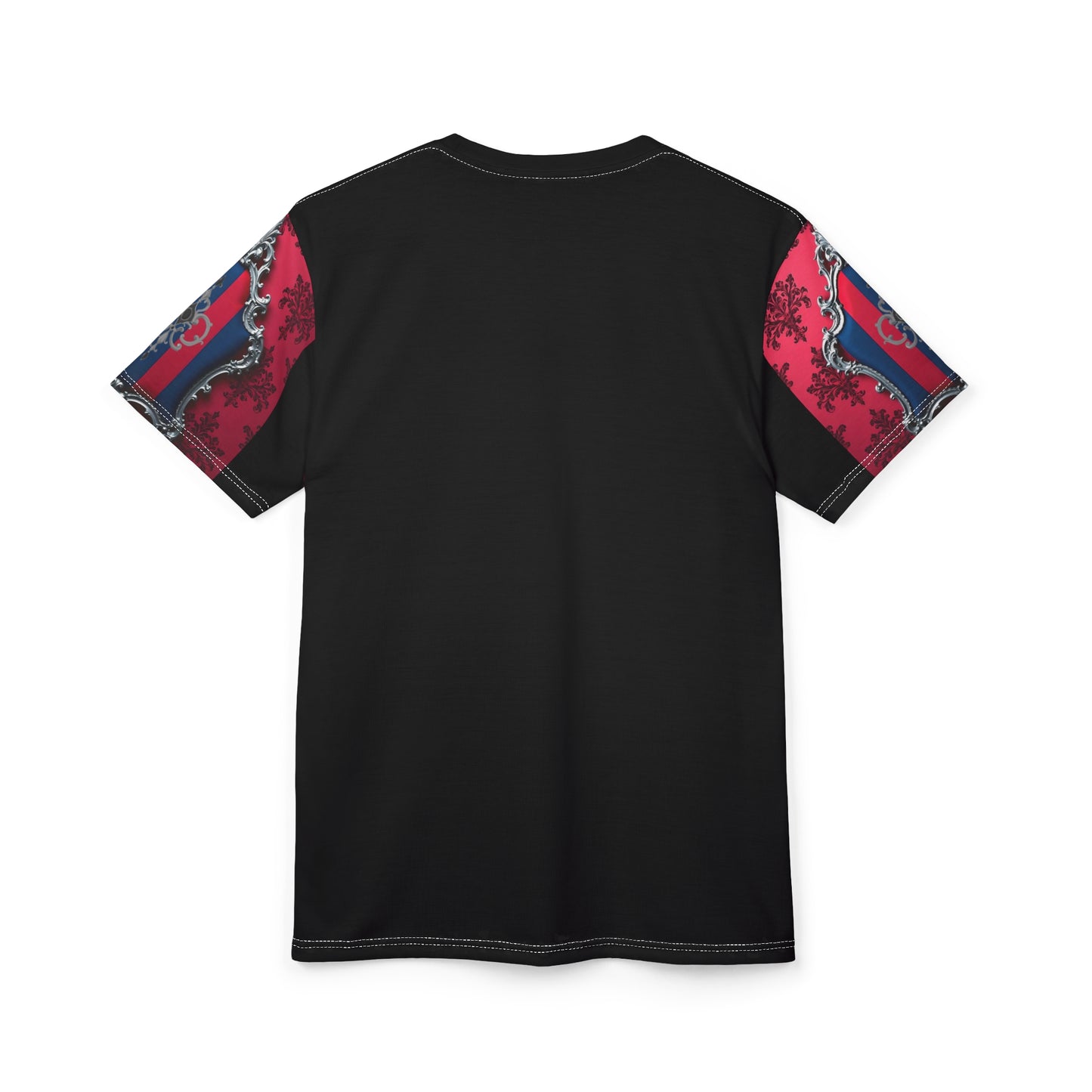 Baroque Elegance Unisex Tee, Unique Graphic T-Shirt, Bold Fashion Statement, Gift for Art Lovers - Blue & Red Striped Silver Crest