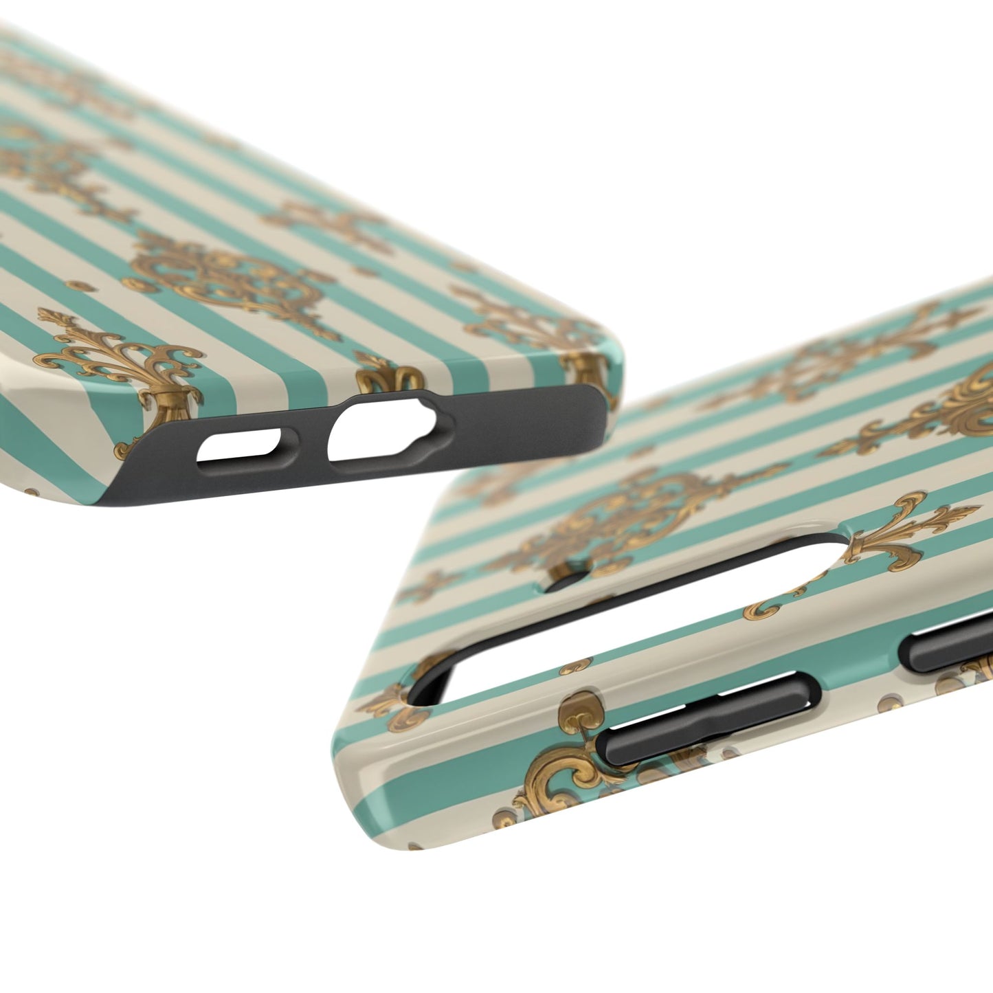 Elegant Striped Phone Case with Vintage Design, Tough Phone Cover, Stylish Smartphone Case - Matte Green Striped Rococo