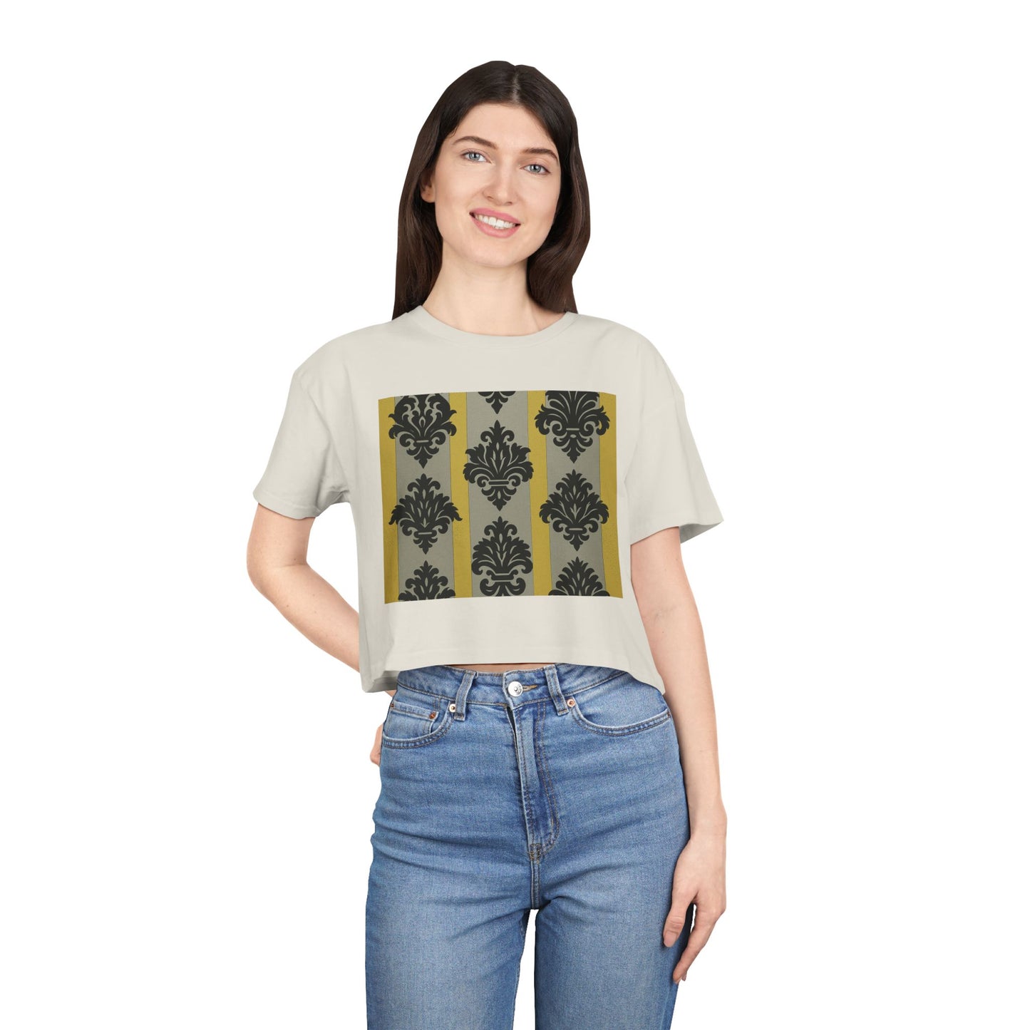 Chic Vintage Crop Tee | Stylish Women's Tee for Casual Outings, Gifts, Festivals, Layering, Everyday Wear - Silver & Gold Striped Black Baroque