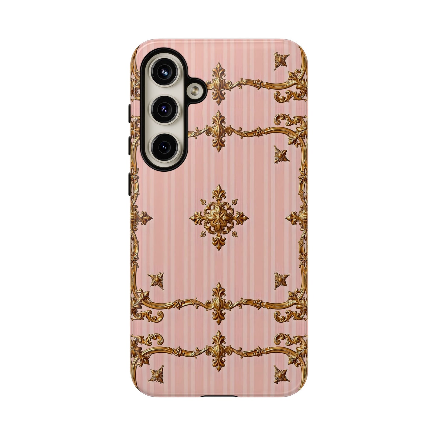 Elegant Floral Phone Case, Tough Cases for Women, Trendy Phone Cover, Chic Gift - Pink Striped Gold Baroque