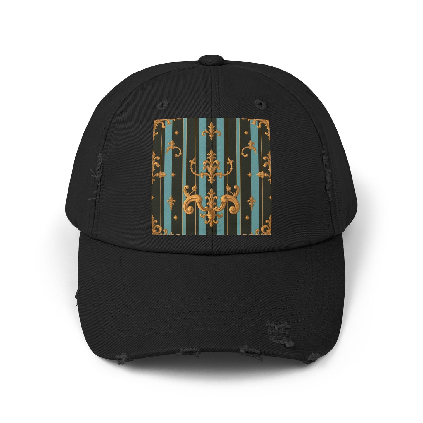 Vintage-Inspired Unisex Distressed Cap with Elegant Stripes and Ornate Design, Casual Hat for Fashion Lovers - Black & Turquoise Striped Baroque