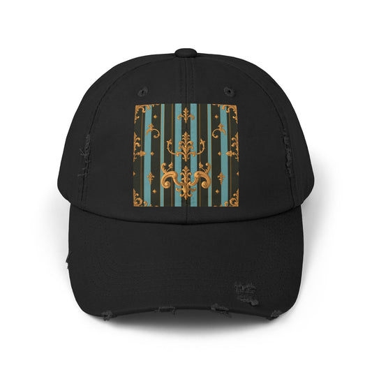 Vintage-Inspired Unisex Distressed Cap with Elegant Stripes and Ornate Design, Casual Hat for Fashion Lovers - Black & Turquoise Striped Baroque
