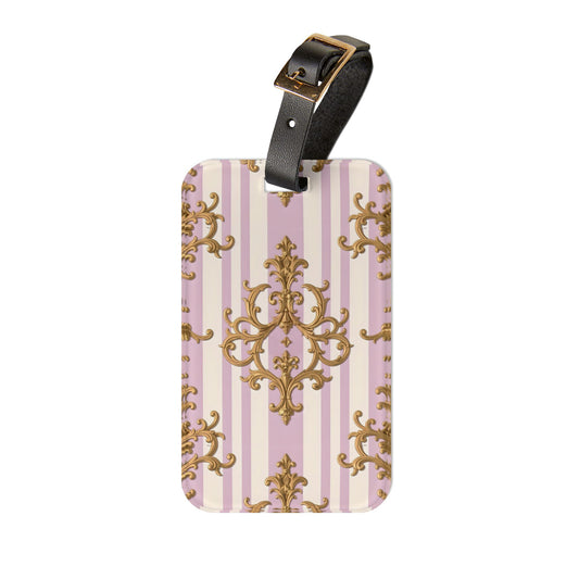 Elegant Vintage Luggage Tag, Travel Accessory for Jetsetters, Personalized Baggage Labels - Lilac & Alabaster Striped Gold Baroque