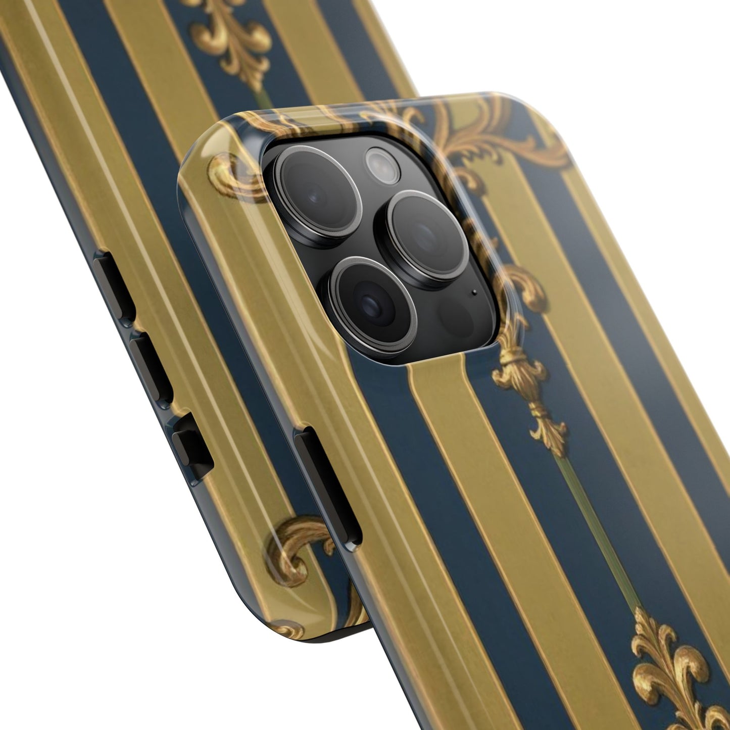 Elegant Midnight Blue & Olive Striped Gold Baroque Tough Phone Case, Phone Cover, Durable Case for Protection, Stylish Gift for Him/Her