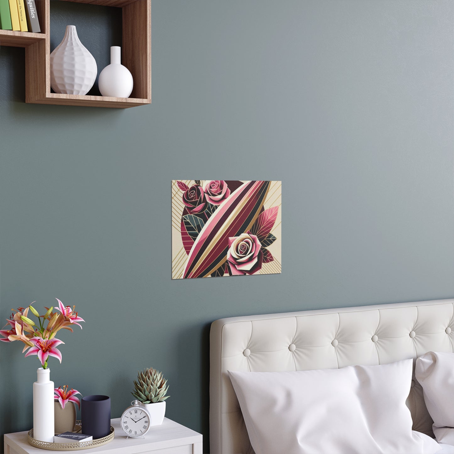 Elegant Floral Silk Poster - Indoor/Outdoor Wall Art for Home Decor - Pink & Burgundy Striped Surfboard & Roses