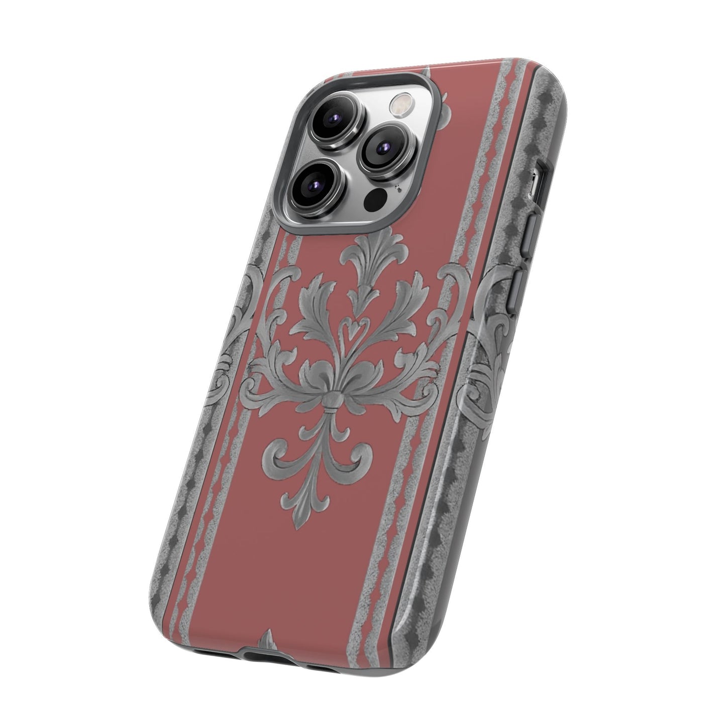 Elegant Floral Phone Case - Tough Cases for Stylish Protection - Gray & Mauve Striped Baroque