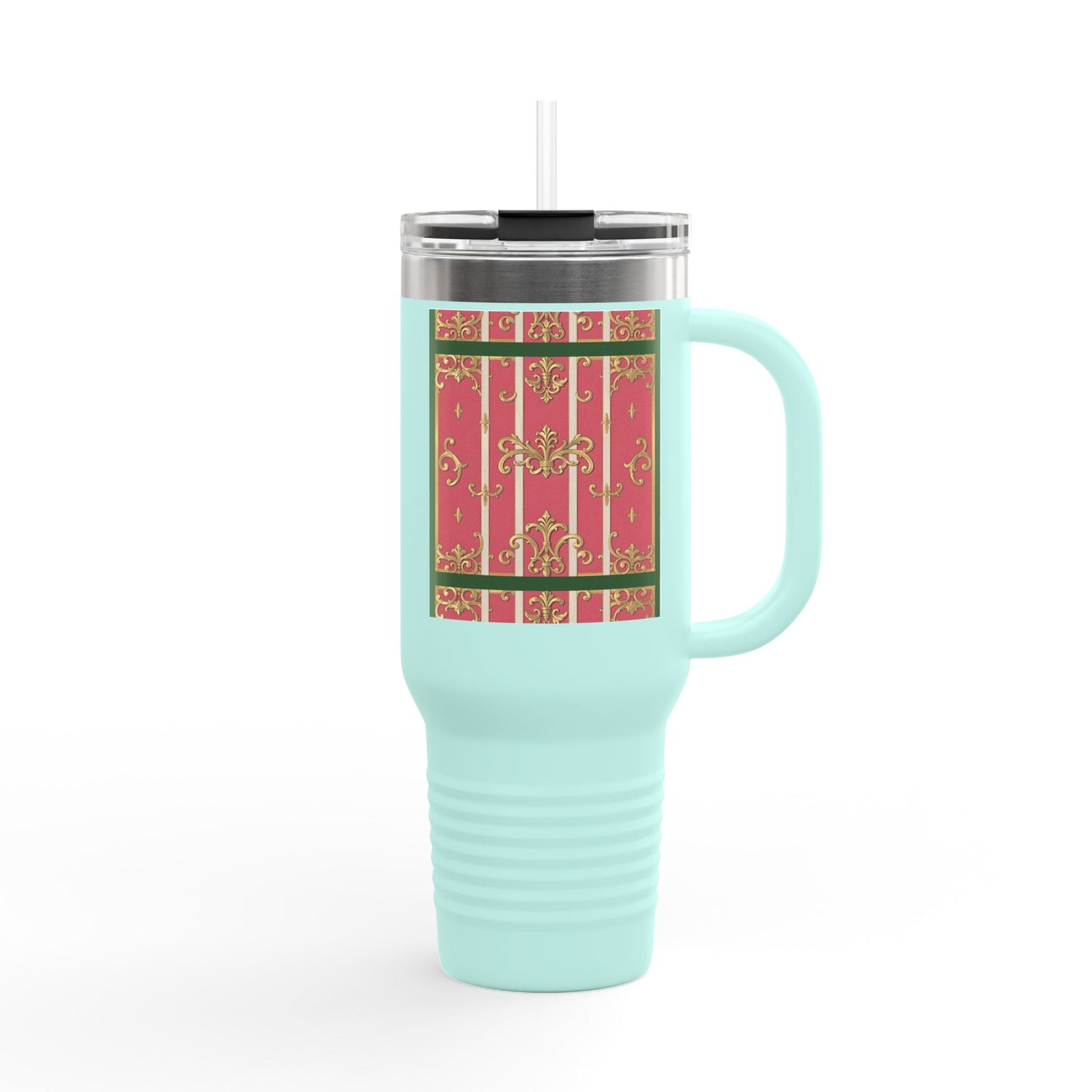 Elegant Insulated Green Border Pink Striped Baroque Travel Mug, 40oz with Baroque Design - Perfect for Gifting, Coffee, Tea, Gift for Her