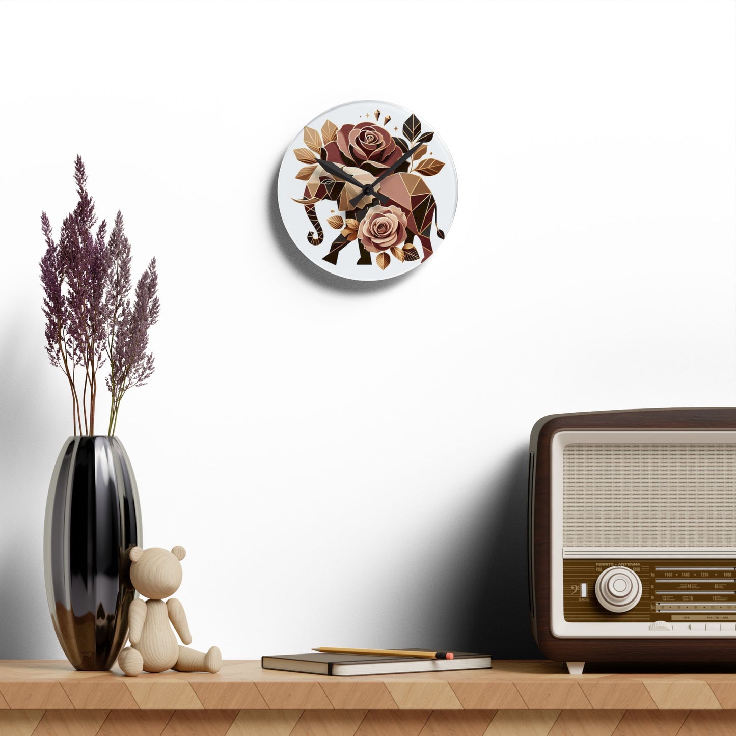Bohemian Elephant-Inspired Acrylic Wall Clock with Floral Design - Brown & Gold Elephant & Roses Design