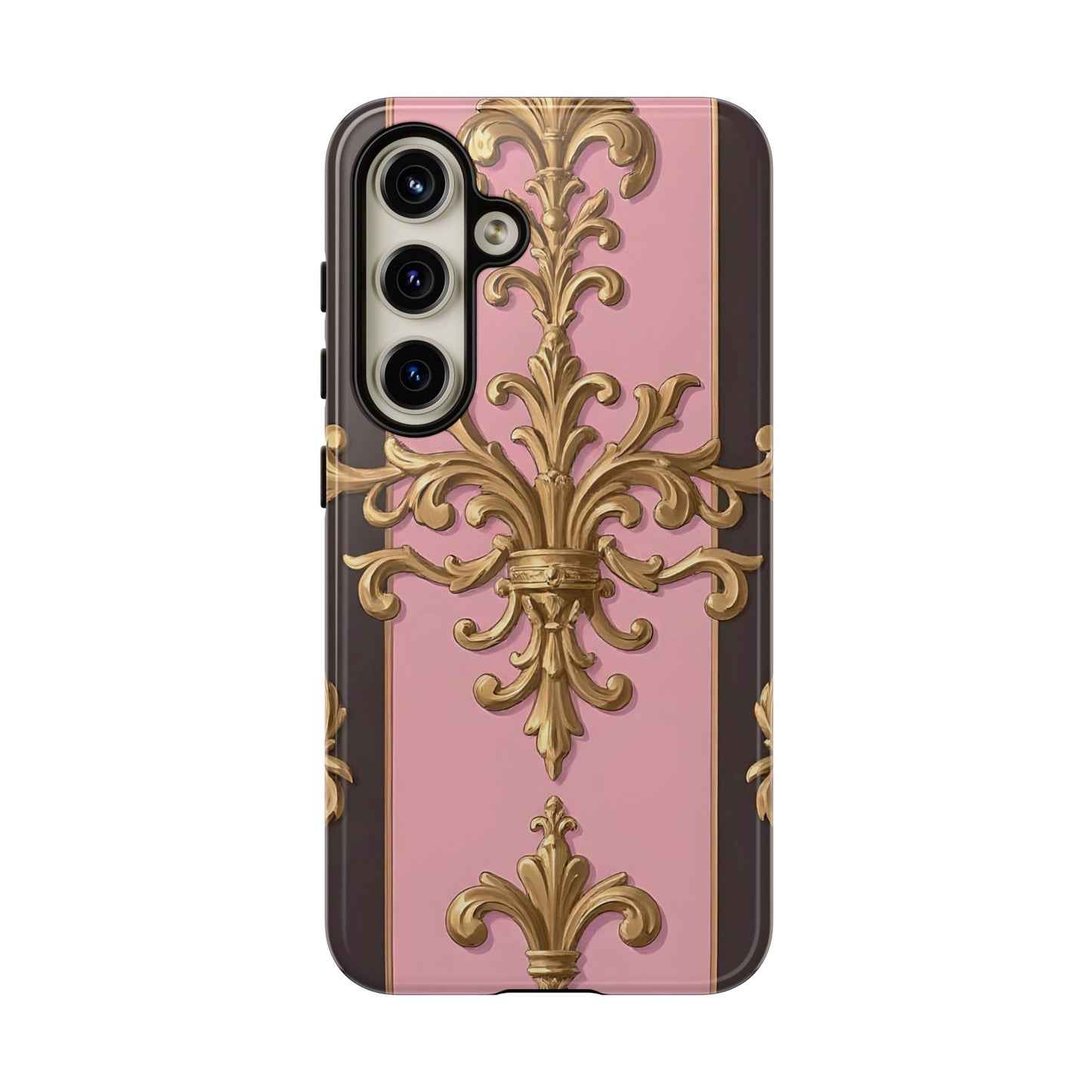 Elegant Floral Motif Phone Case - Tough Cases with Vintage Design - Pink & Brown Striped Gold Damask