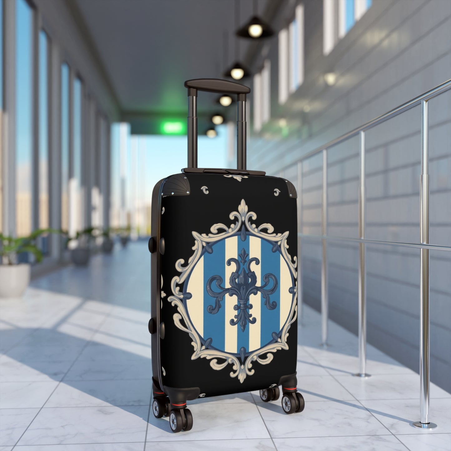Elegant Blue & Alabaster Striped Baroque Travel Suitcase, Stylish Luggage, Personalized Travel Bag, Chic Weekender Bag, Vacation Essentials