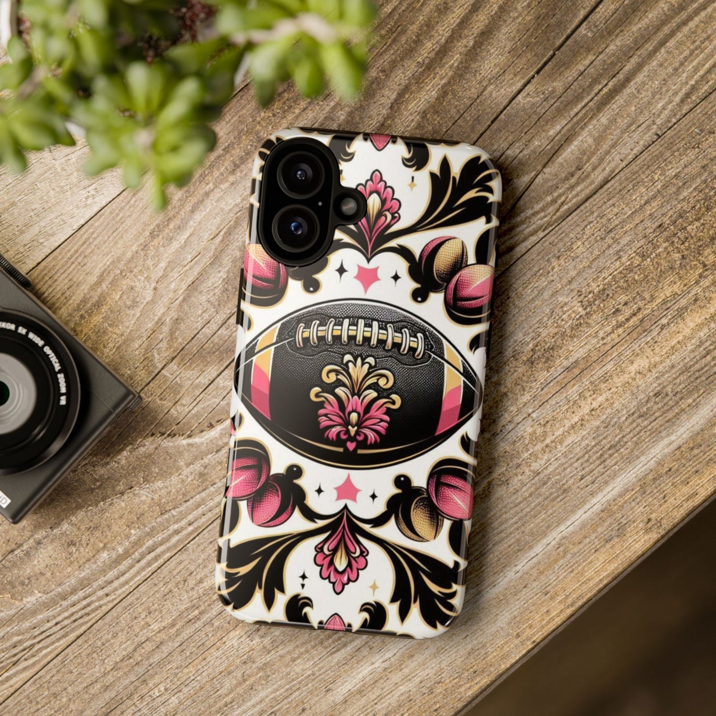 Elegant Floral Motif Phone Case - Tough Cases with Vintage Design - Damask White, Pink Gold & Black Football