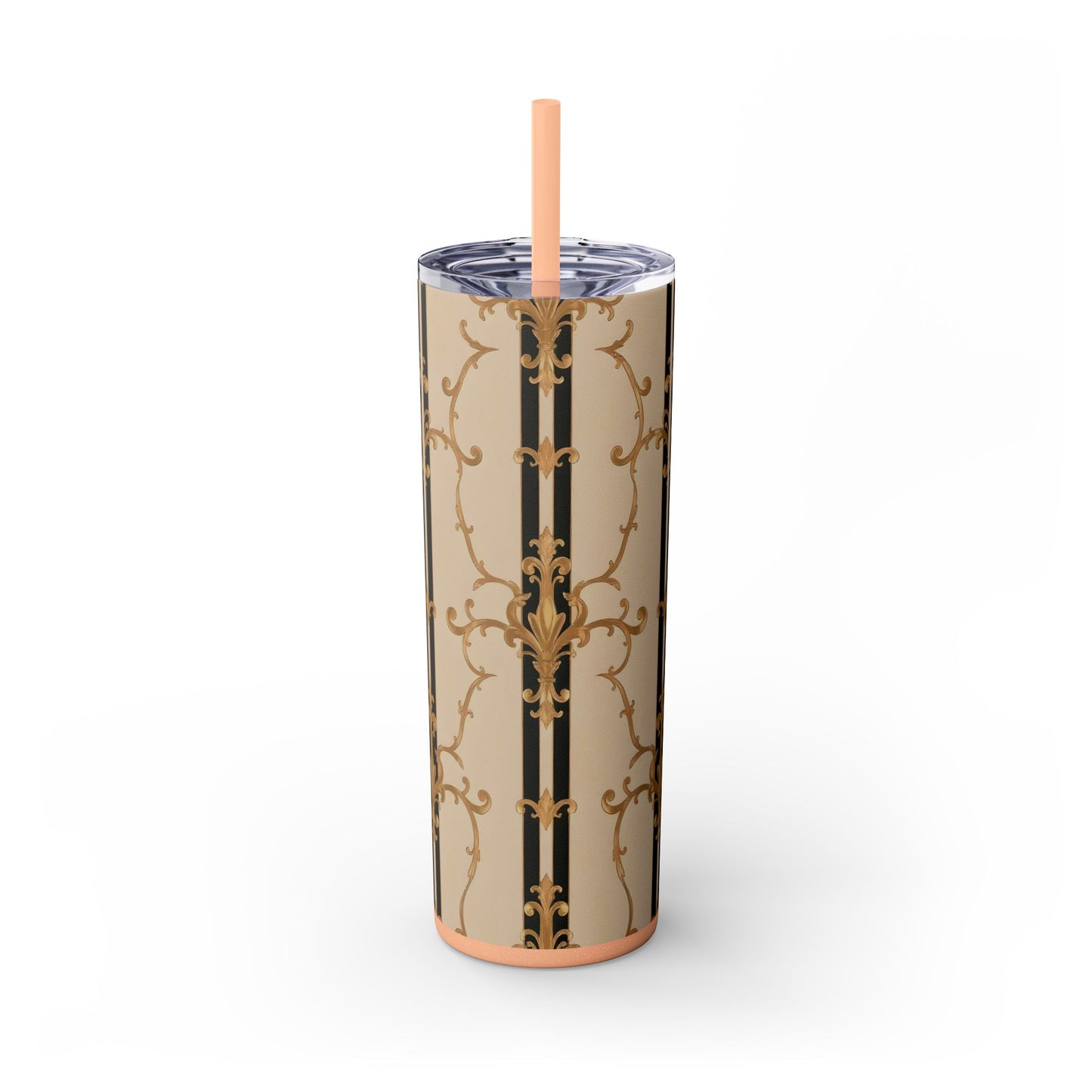 Elegant Gold Patterned Skinny Tumbler with Straw, 20oz | Stylish Travel Mug, Gift for Her, Fancy Drinkware - Black & Beige Striped Damask