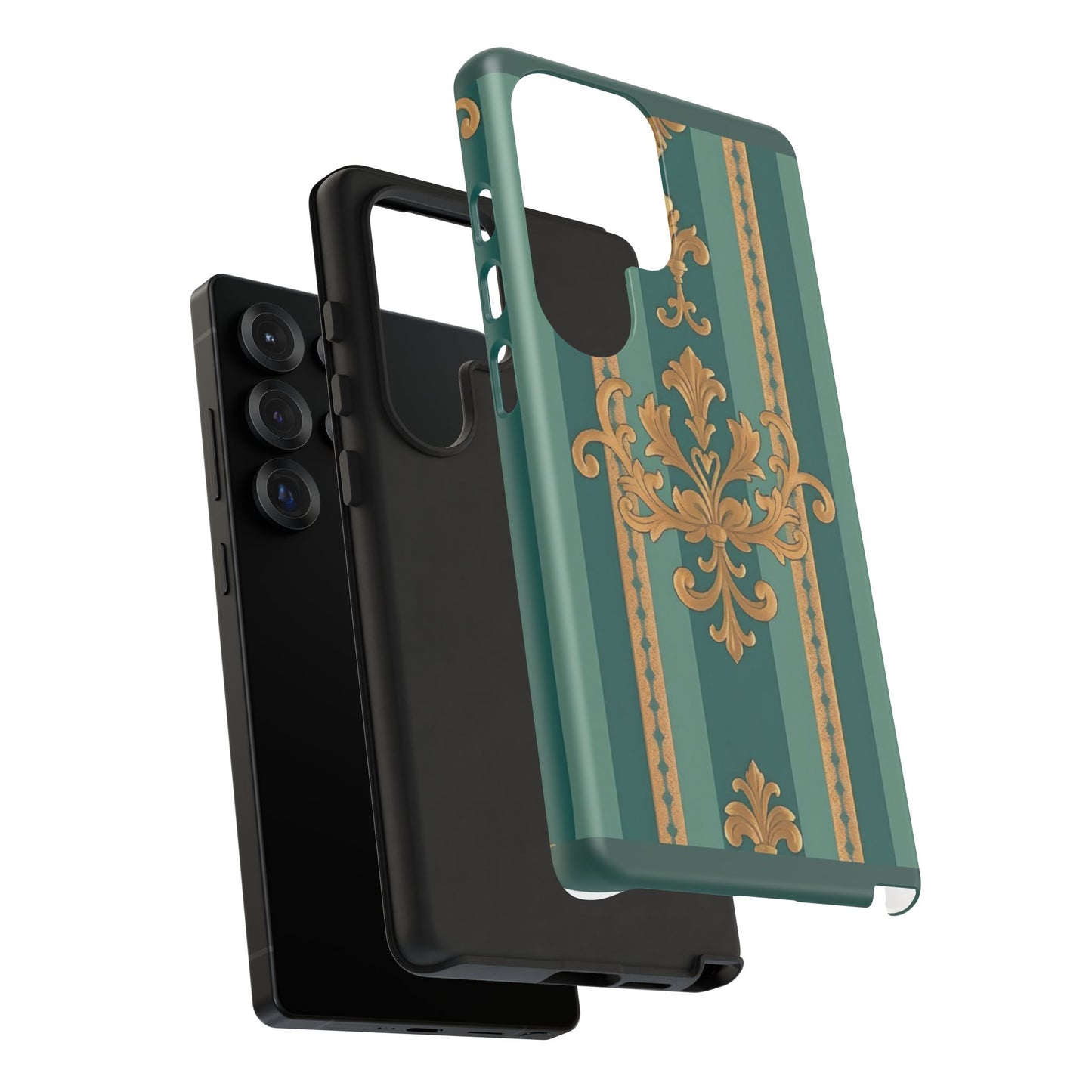Elegant Floral Motif Phone Case - Tough Cases with Vintage Design - Teal Striped Gold Damask