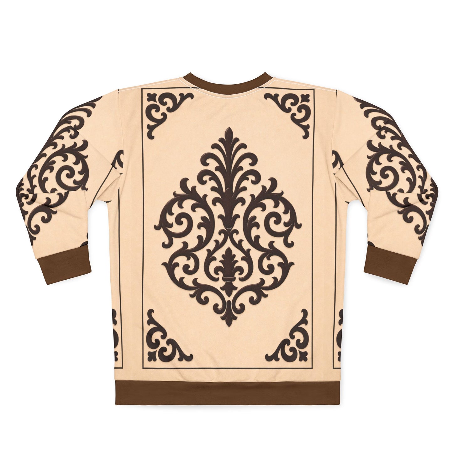 Almond-Beige & Brown Baroque Sweatshirt – Vintage Scroll All-Over Print Crewneck