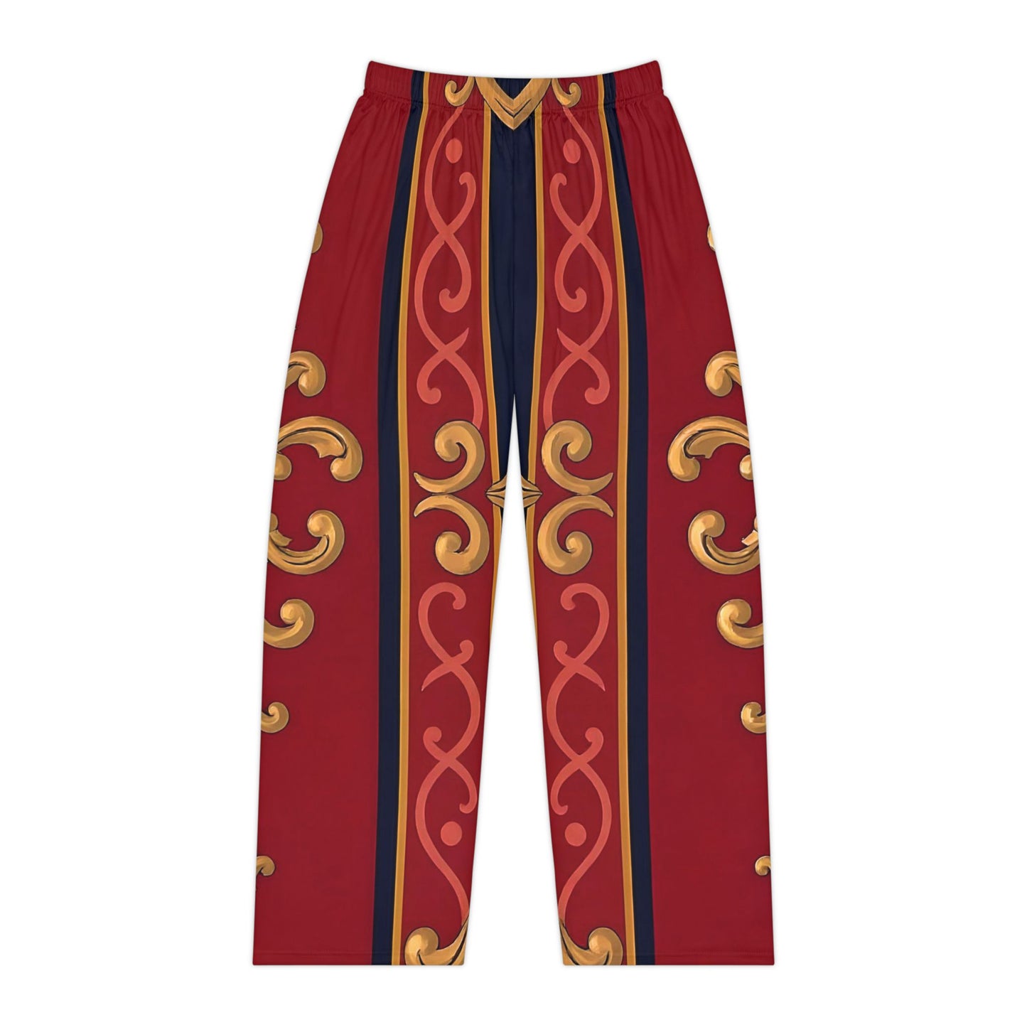 Elegant Women's Pajama Pants with Ornate Design, Cozy Sleepwear, Luxurious Loungewear - Midnight Blue & Dusk Red Gold Baroque