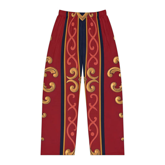 Elegant Women's Pajama Pants with Ornate Design, Cozy Sleepwear, Luxurious Loungewear - Midnight Blue & Dusk Red Gold Baroque