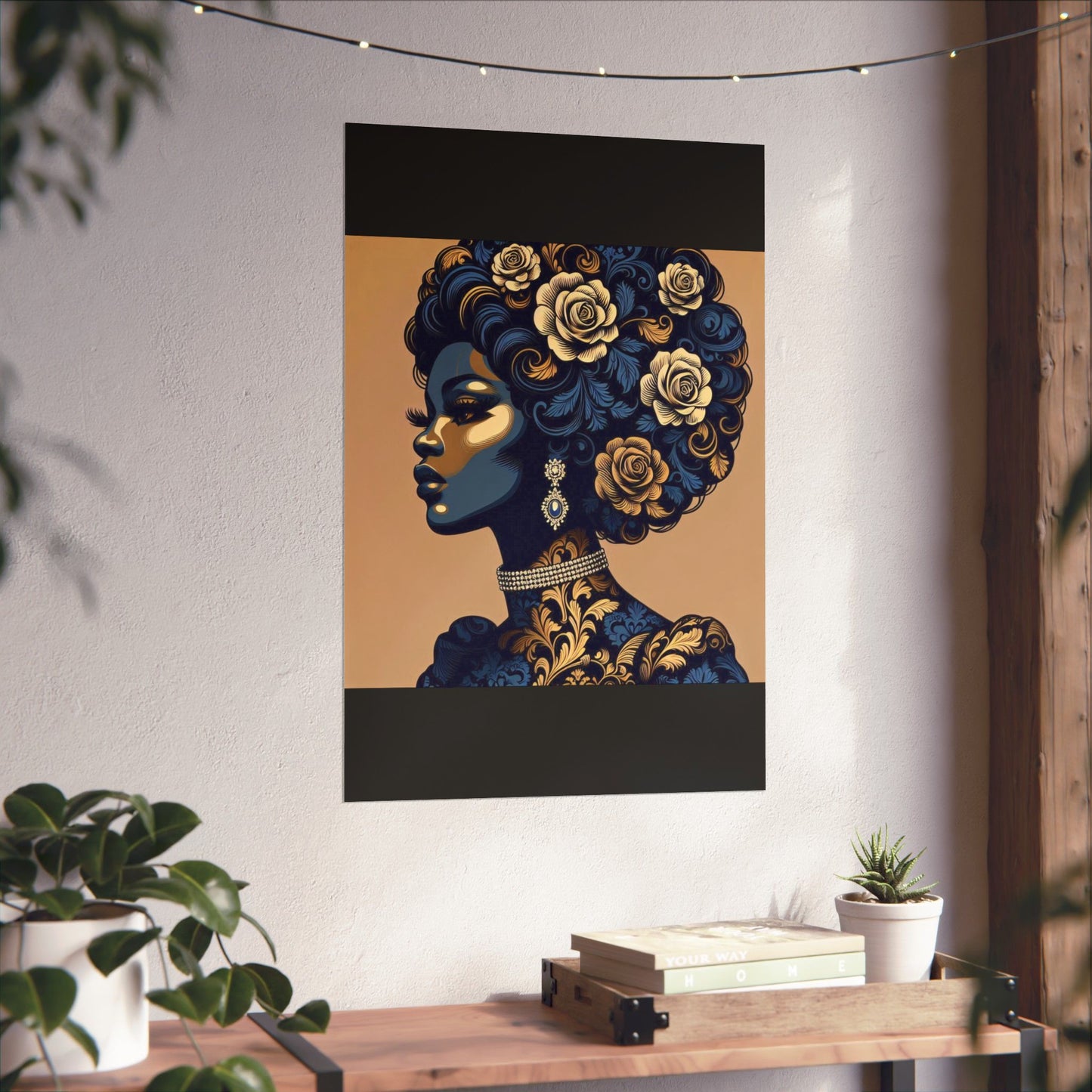 Floral Art Poster - Elegant Matte Vertical Wall Decor - Blue Damask Lady