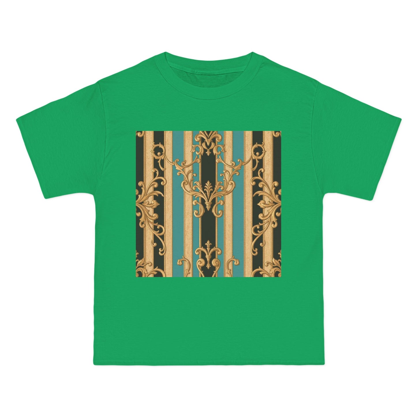 Chic Black, Tan & Ocean Green Striped Gold Baroque Vintage Pattern T-Shirt - Art Shirt, Stylish Casual Wear, Gifts & Everyday Fashion