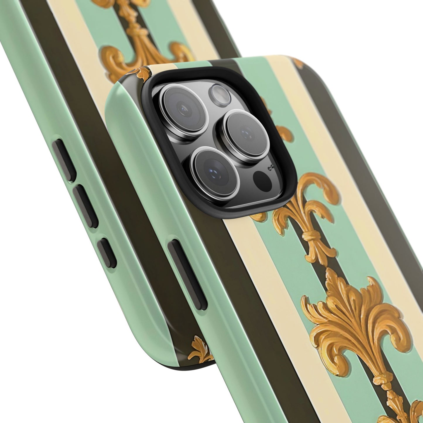Elegant Floral Tough Phone Cases - Stylish Protection for All Occasions, Gifts for Her, Phone Covers - Black & Matte Mint Striped Rococo