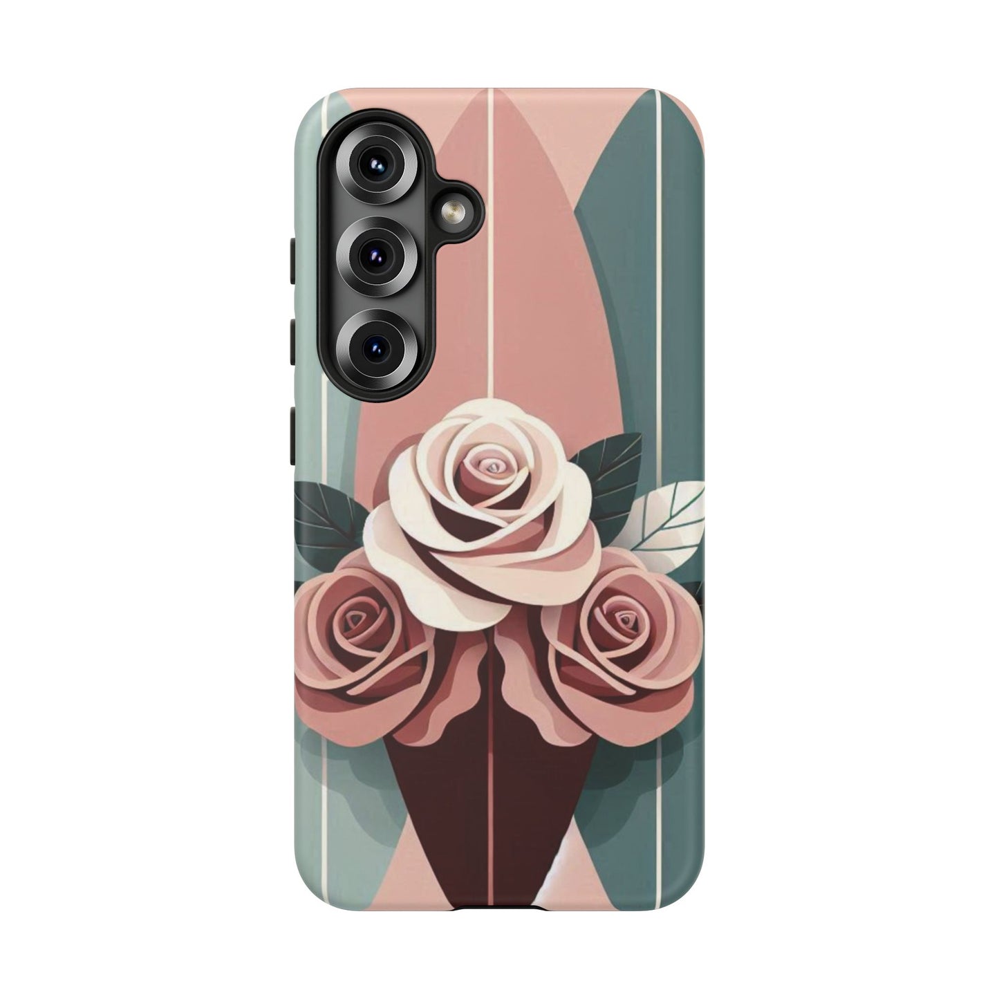 Phone Case - Burgundy, Matte Mauve & Teal Surfboard & Roses Design