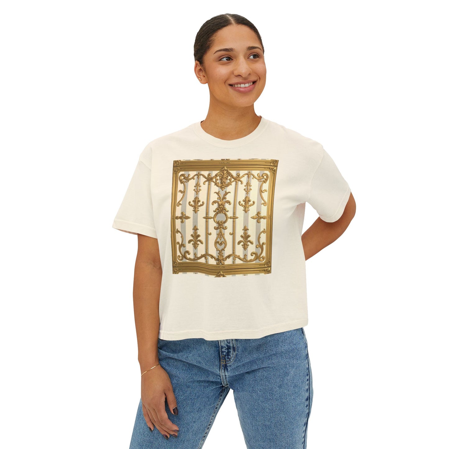 Chic Women's Boxy Tee with Elegant Gate Design, Stylish Casual Wear, Summer Tee, Gift for Her - Matte Gray & Cream Striped Gold Baroque