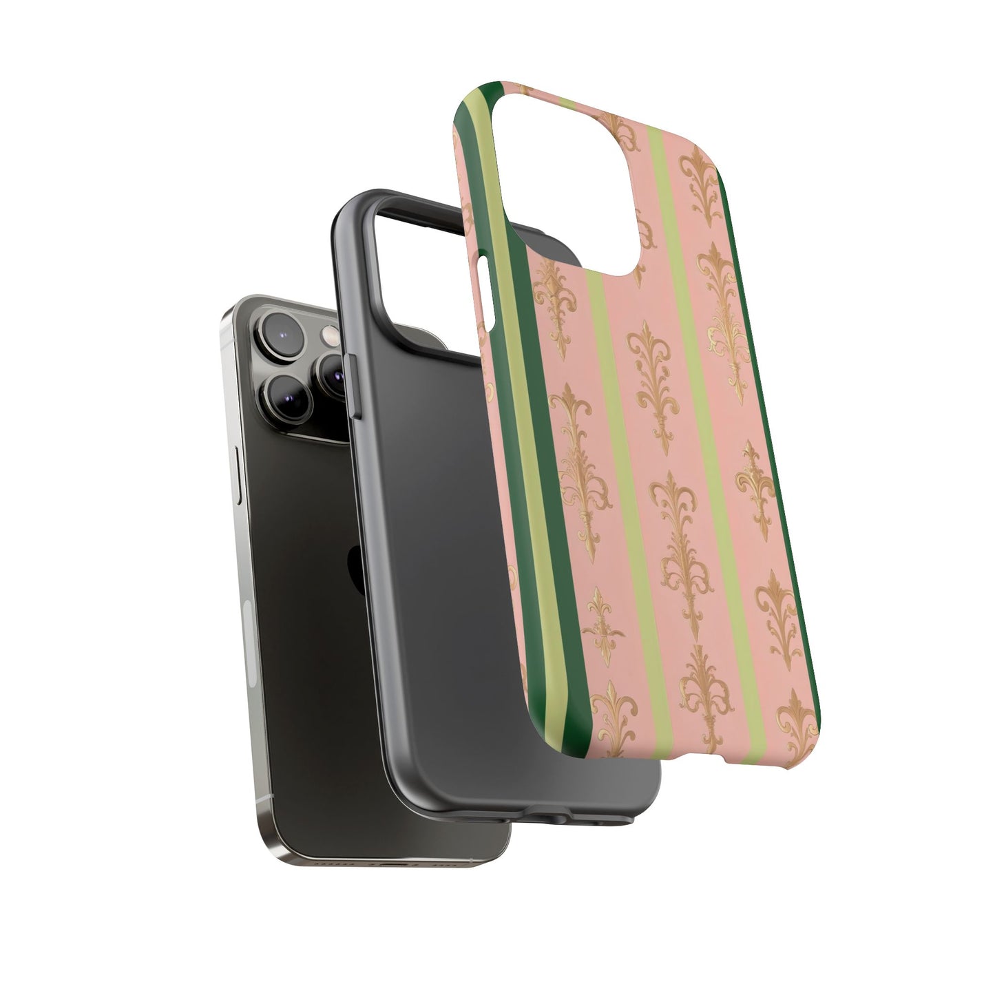 Elegant Floral Motif Phone Case - Tough Cases with Vintage Design - Lime Green & Pink Striped Damask