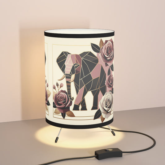 Boho Elephant Tripod Lamp with Floral Design - High-Res Printed Shade - Brown & Mauve Elephant & Roses Design