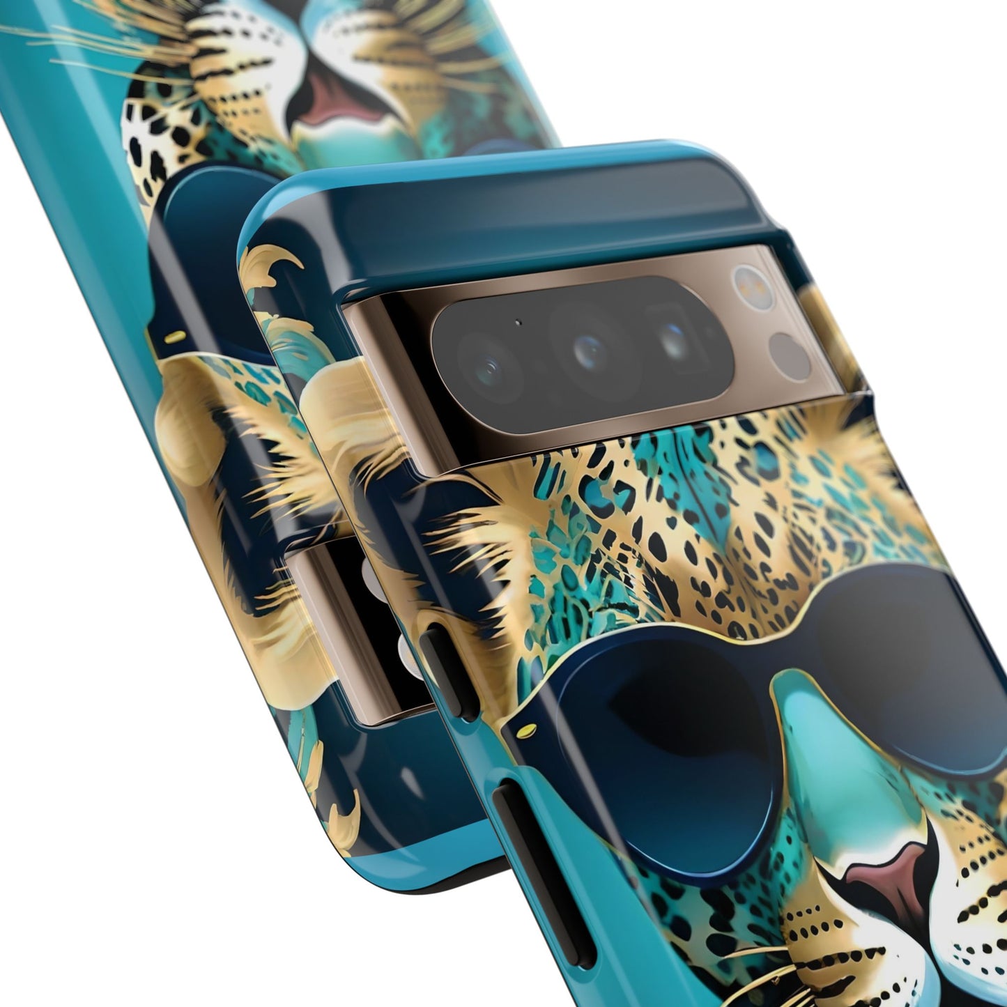 Phone Case - Aqua & Gold Leopard In Sunglasses Design