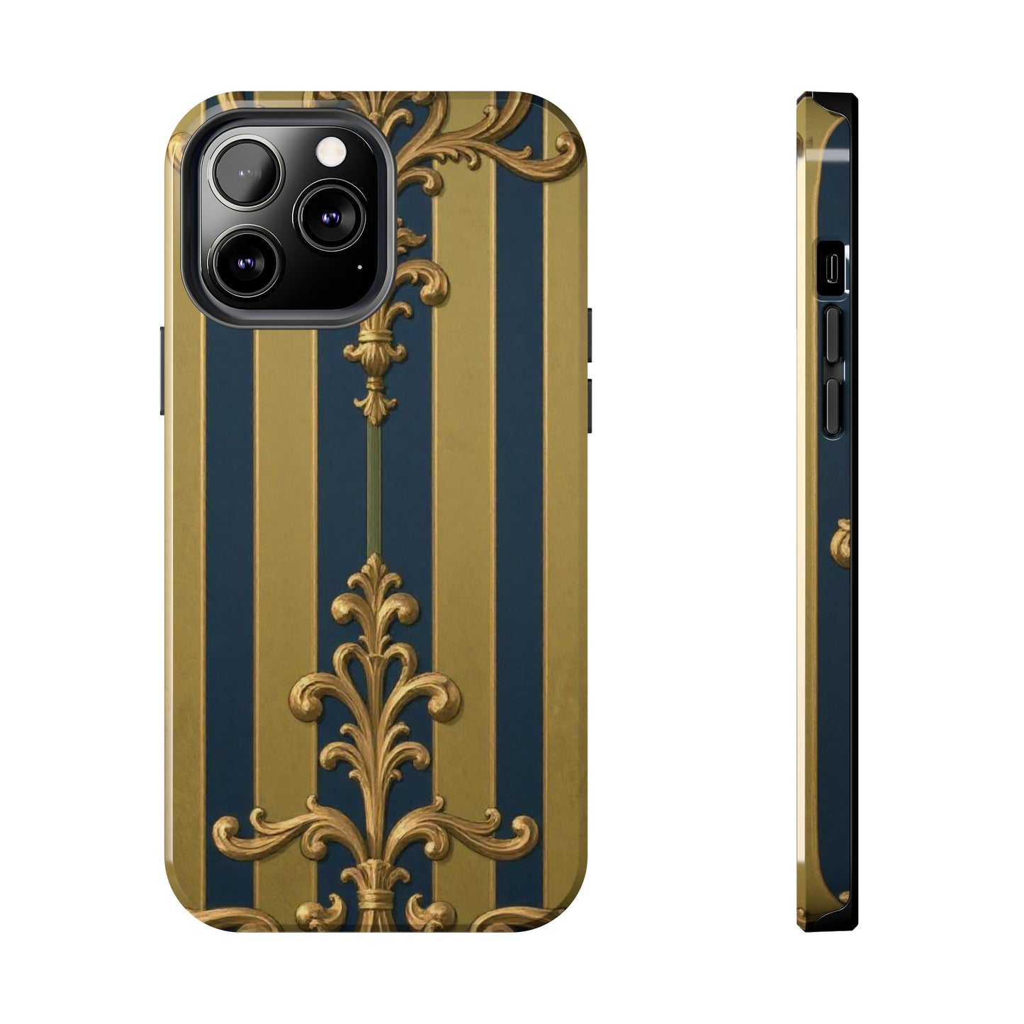 Elegant Midnight Blue & Olive Striped Gold Baroque Tough Phone Case, Phone Cover, Durable Case for Protection, Stylish Gift for Him/Her