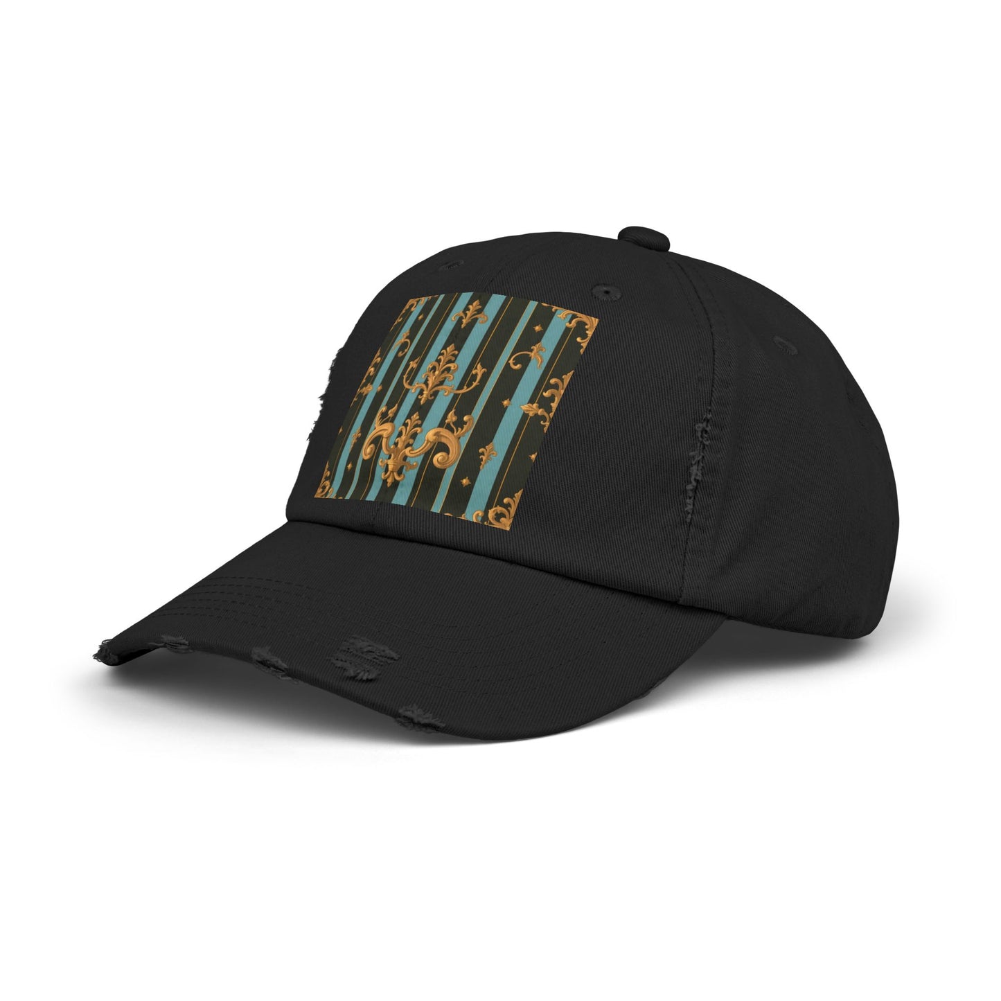 Vintage-Inspired Unisex Distressed Cap with Elegant Stripes and Ornate Design, Casual Hat for Fashion Lovers - Black & Turquoise Striped Baroque