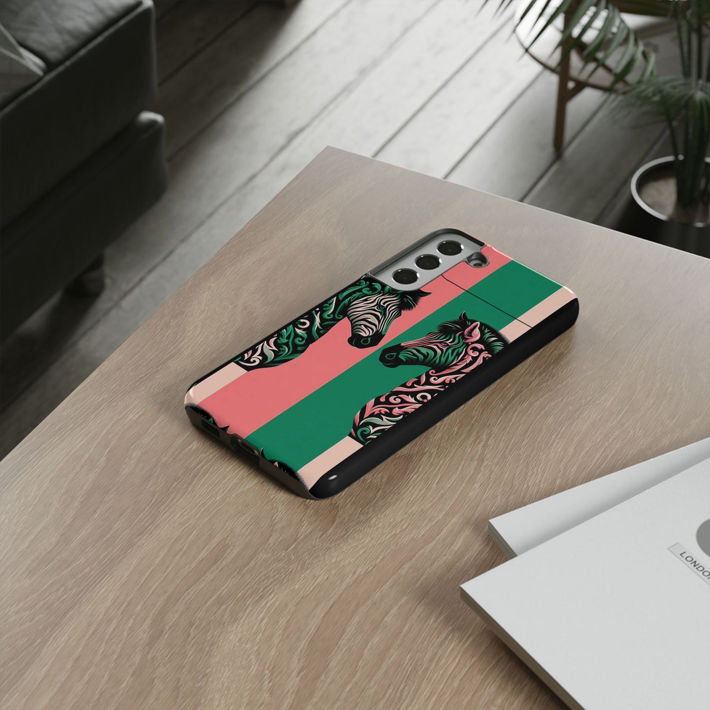 Phone Case - Elegant Pink & Green Zebra Damask Design