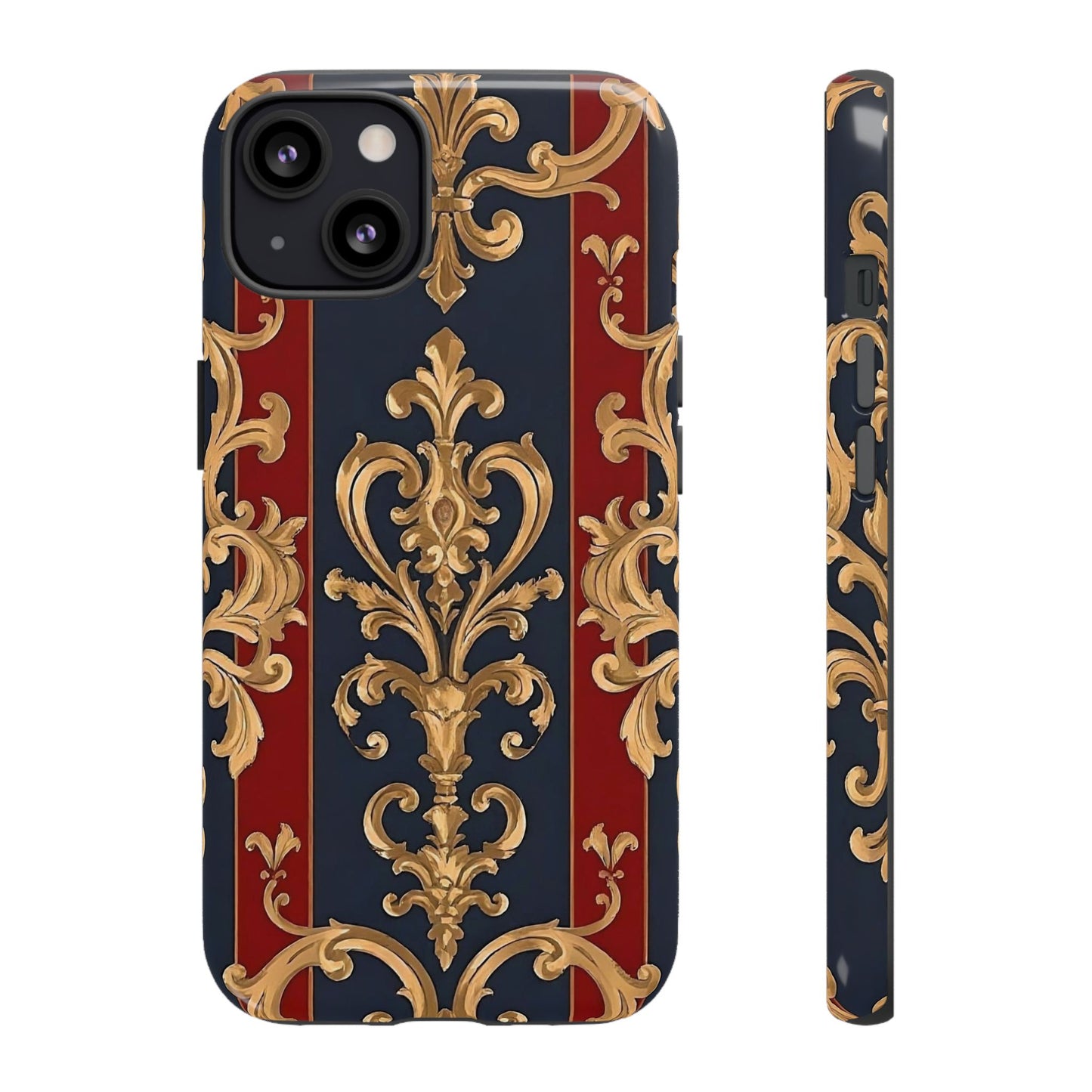 Elegant Floral Motif Phone Case - Tough Cases with Vintage Design - Midnight Blue & Dusk Red Striped Gold Damask