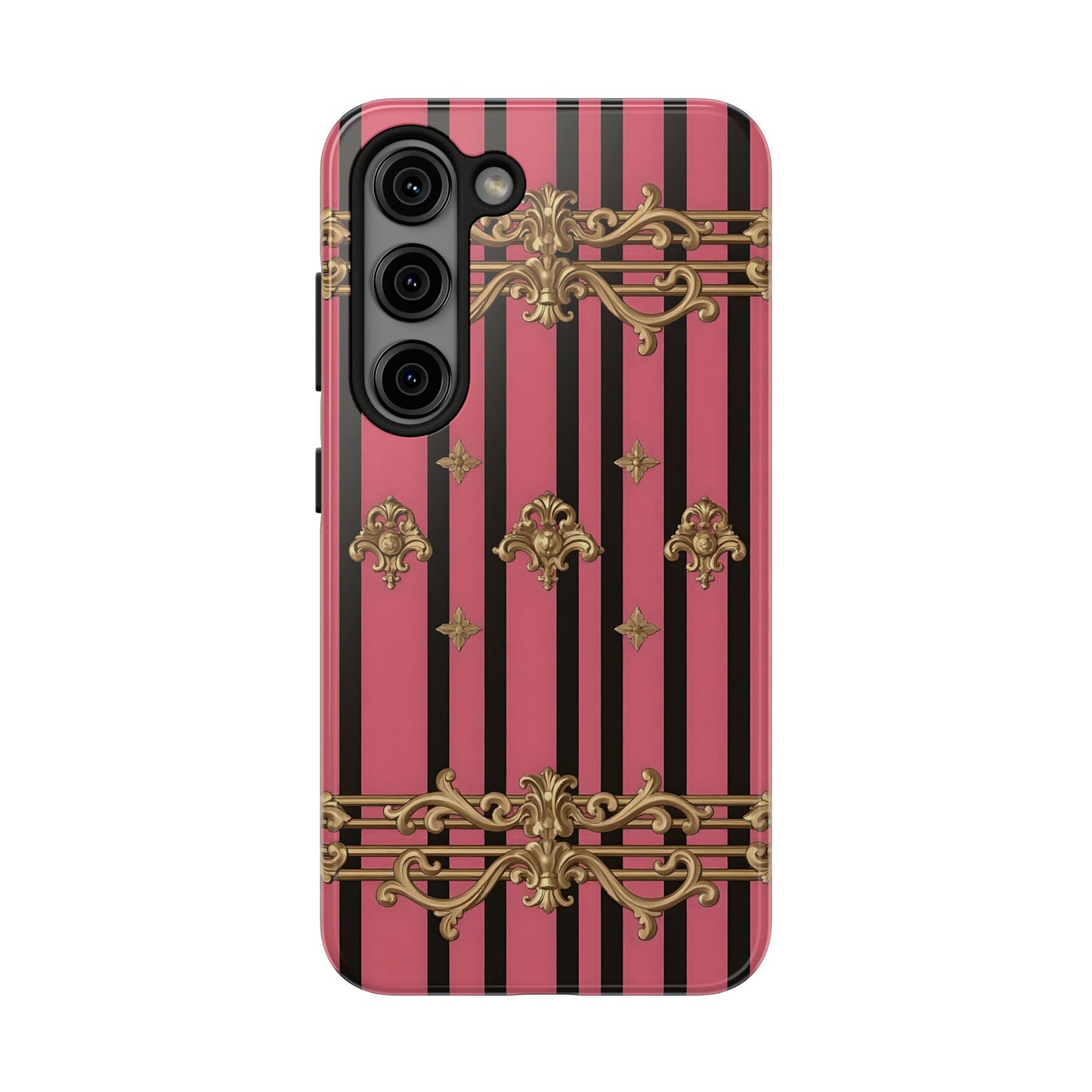 Elegant Floral Phone Cases, Stylish Protective Case for Trendy Individuals, Unique Gift for Tech Lovers, Phone Accessories - Pink Striped Gold Rococo