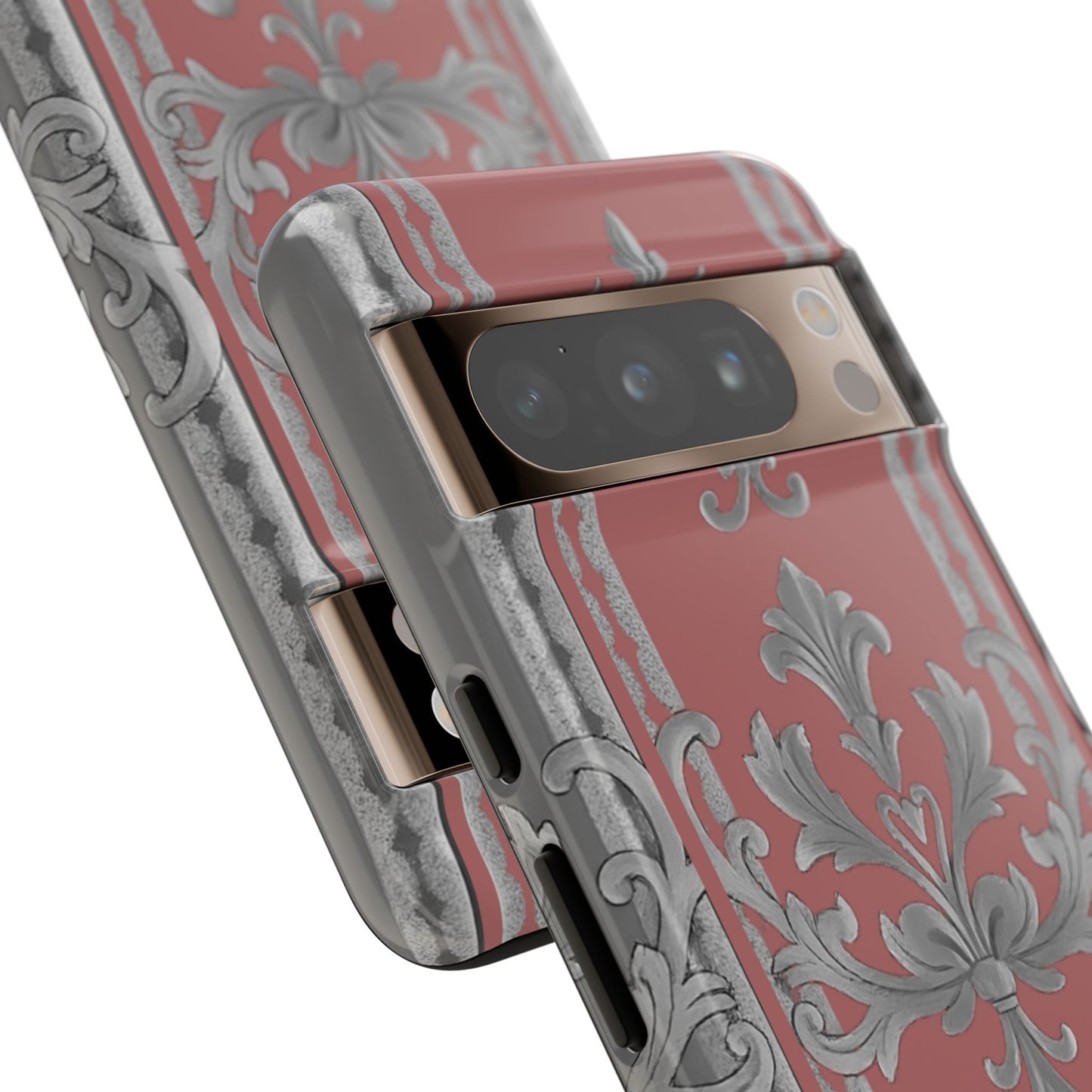 Elegant Floral Phone Case - Tough Cases for Stylish Protection - Gray & Mauve Striped Baroque