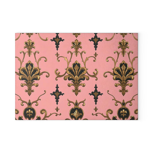 Elegant Pink Floral Glass Cutting Board with Gold Accents, Kitchen Decor, Gift for Home Cooking, Wedding Gift - Pink, Black & Gold Rococo