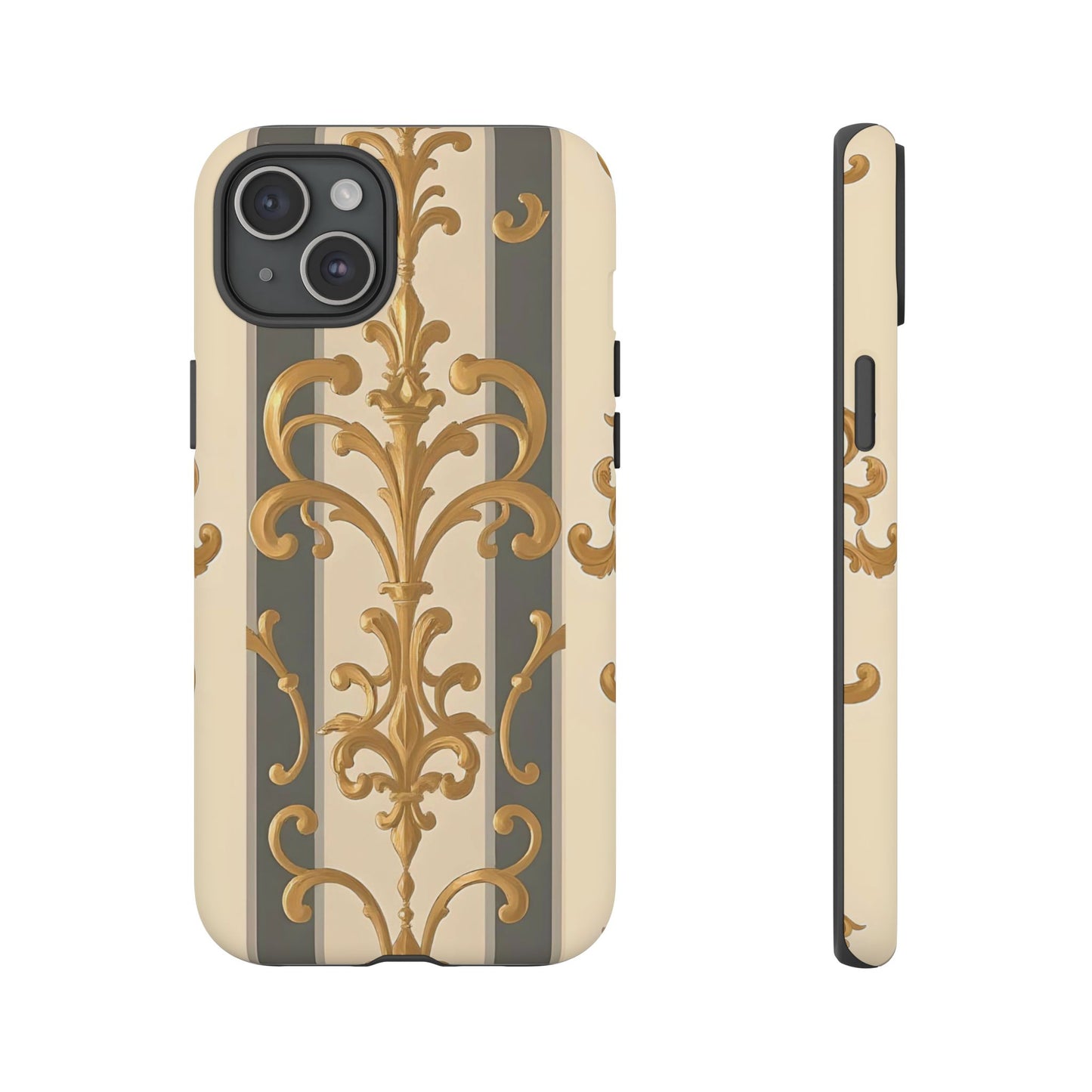 Elegant Floral Motif Phone Case - Tough Cases with Vintage Design - Dusk Olive Striped Gold Damask