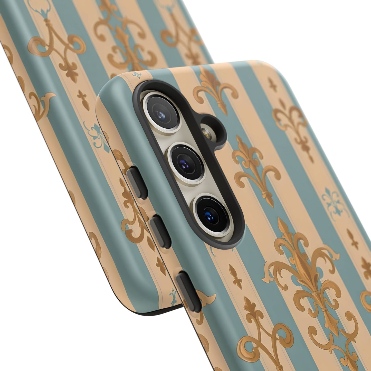 Elegant Floral Motif Phone Case - Tough Cases with Vintage Design -  Beige & Sky Blue Striped Gold Damask