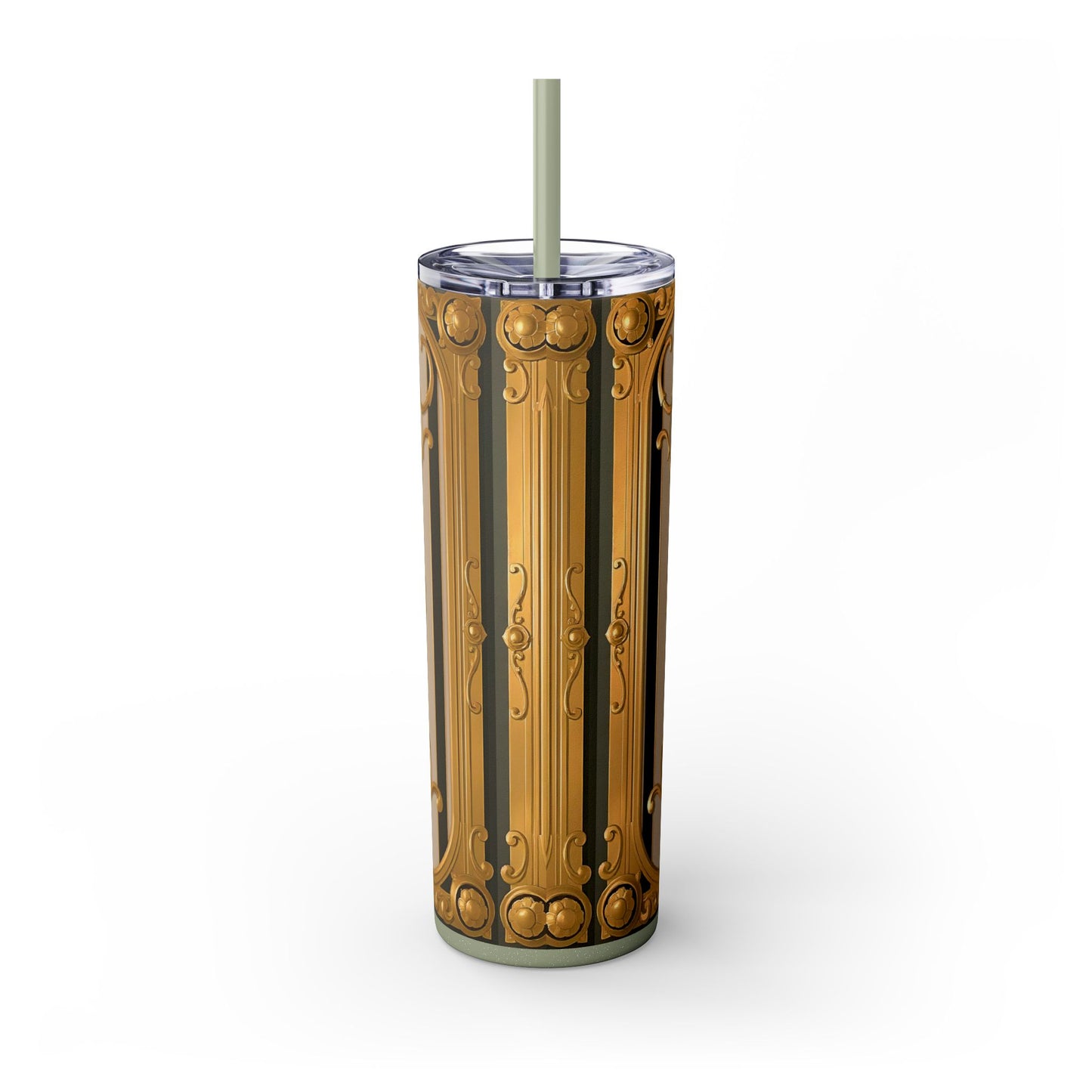 Skinny Tumbler with Straw, 20oz - Beige Striped Gold Rococo