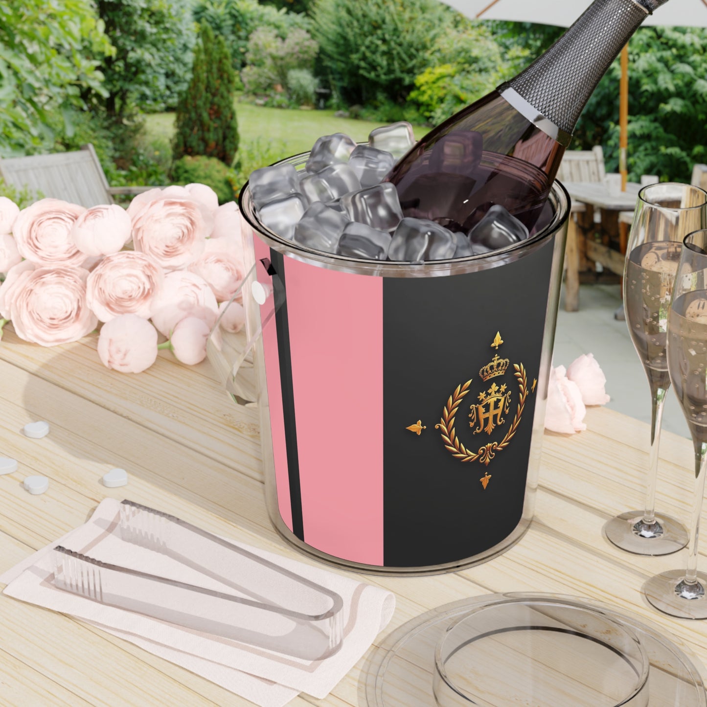 Elegant Ice Bucket with Tongs - Perfect for Parties, Bars, Weddings, Gift for Wine Lovers, Home Decor - Pink Striped Gold Crest