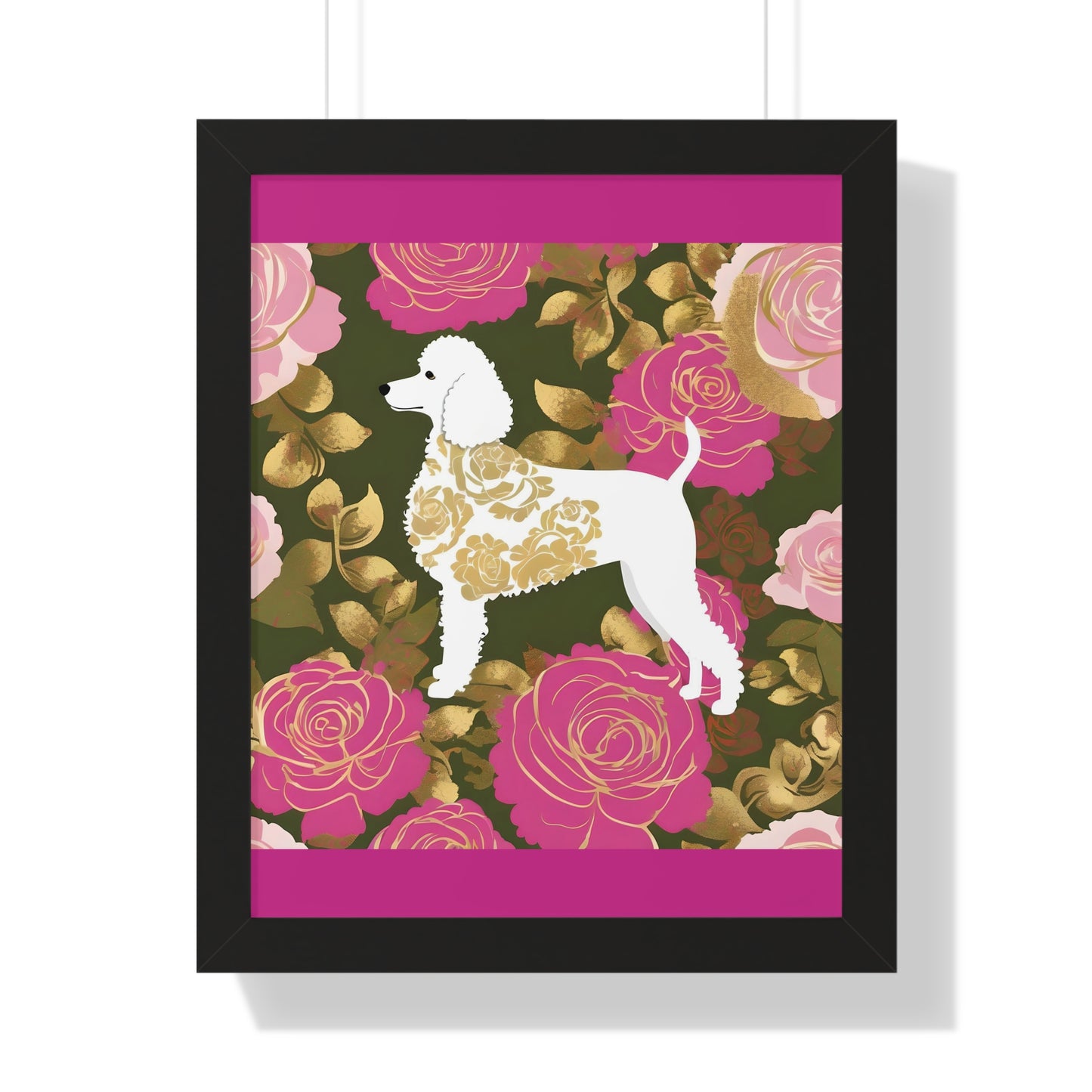 Vertical Poster - Stylish Framed - Art for Home Decor - Damask White Poodle & Pink Roses