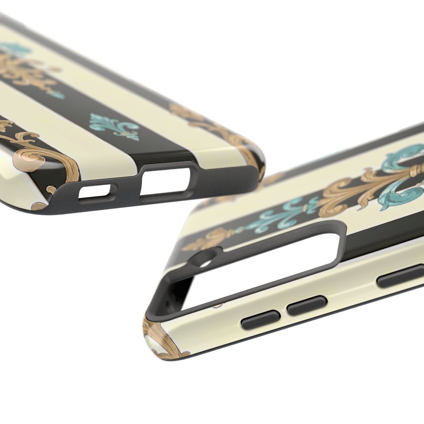 Elegant Vintage Tough Phone Cases, Stylish Phone Accessories, Quality Protection, Gifts for Her - Black Striped Turquoise & Black Rococo