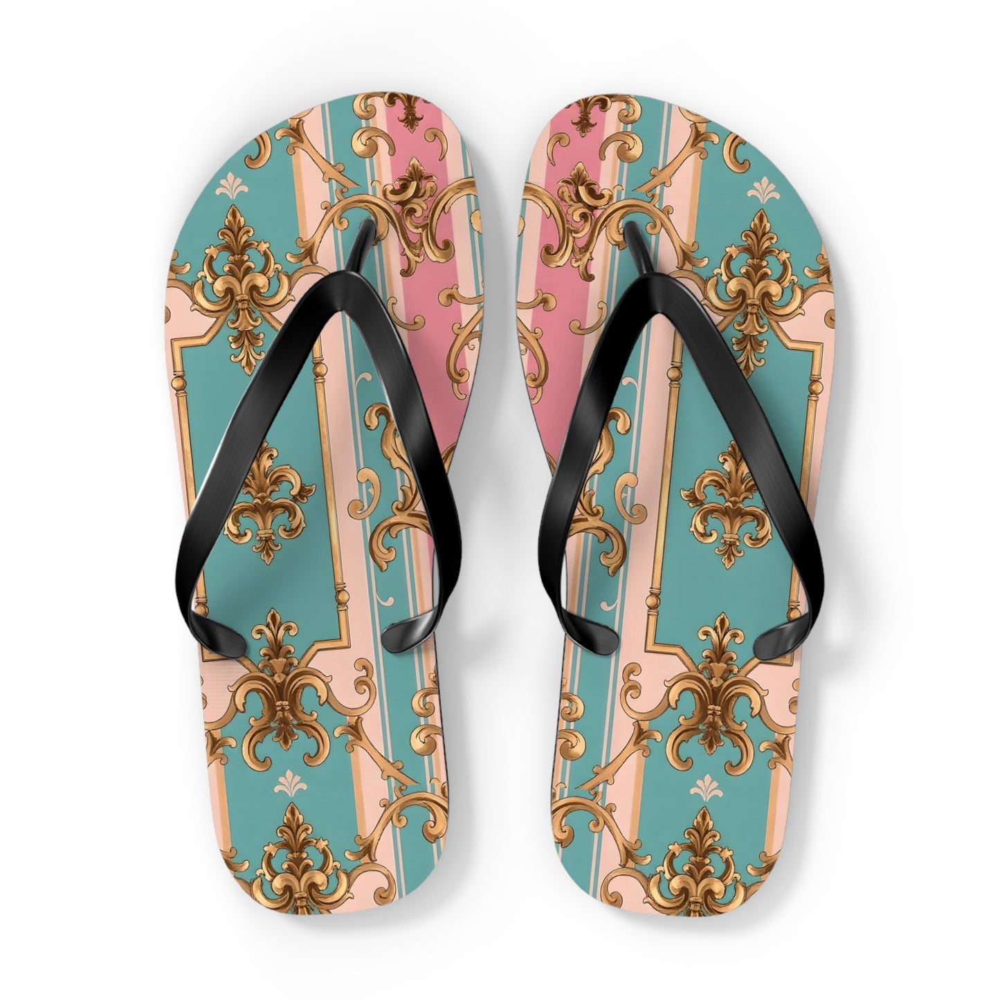 Stylish Flip Flops: Vintage Elegance for Summer Fun, Beachwear, Poolside, Vacation Essentials, Gift for Her - Pink & Matte Turquoise Striped Rococo