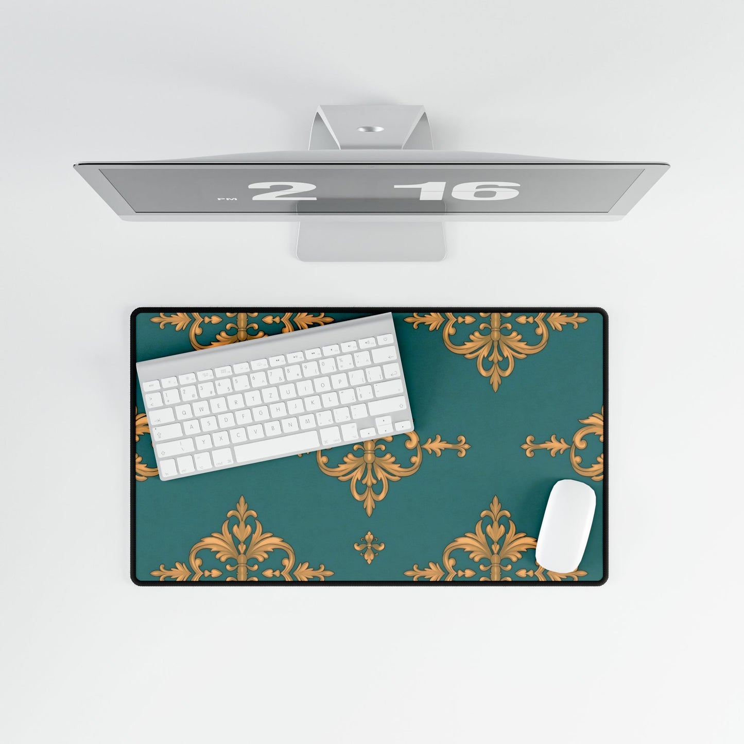 Elegant Floral Desk Mat for Home Office Decor - Teal & Gold Damask