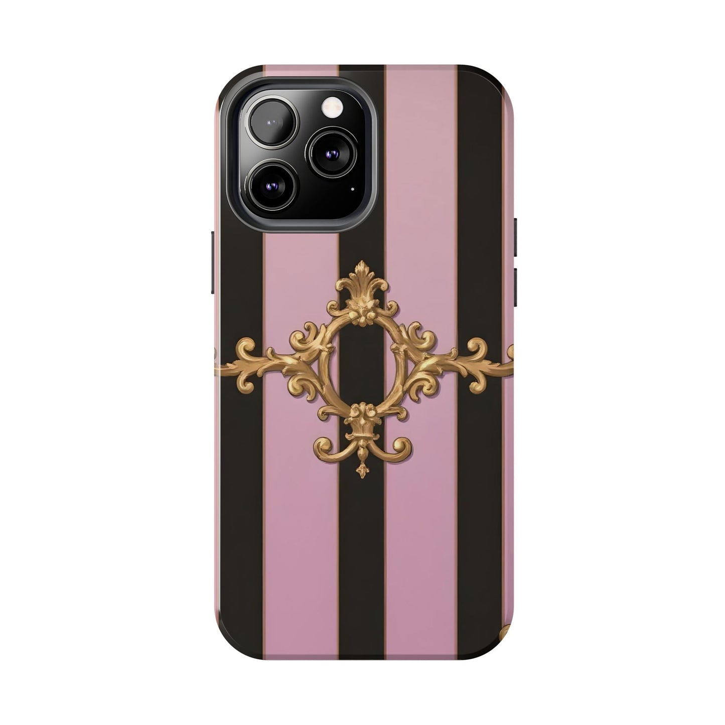 Stylish Tough Phone Case for Elegant Protection, Fashionable Accessories, Smartphone Cover - Matte Lavender & Black Striped Gold Baroque