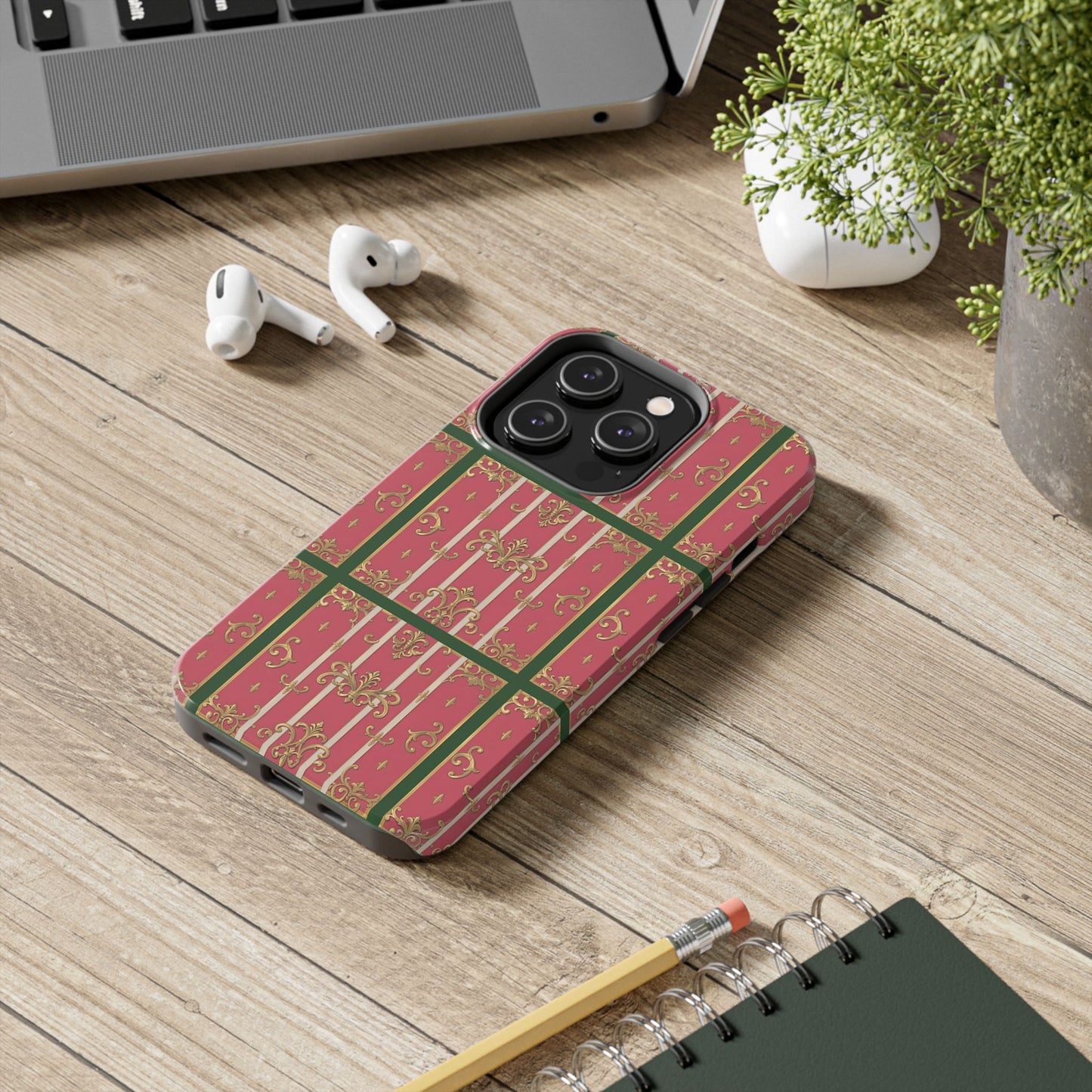 Elegant Green Border Pink Striped Baroque Phone Cases, Tough Phone Cases for Protection, Stylish Mobile Accessories, Gift for Her, Holiday Tech Gifts