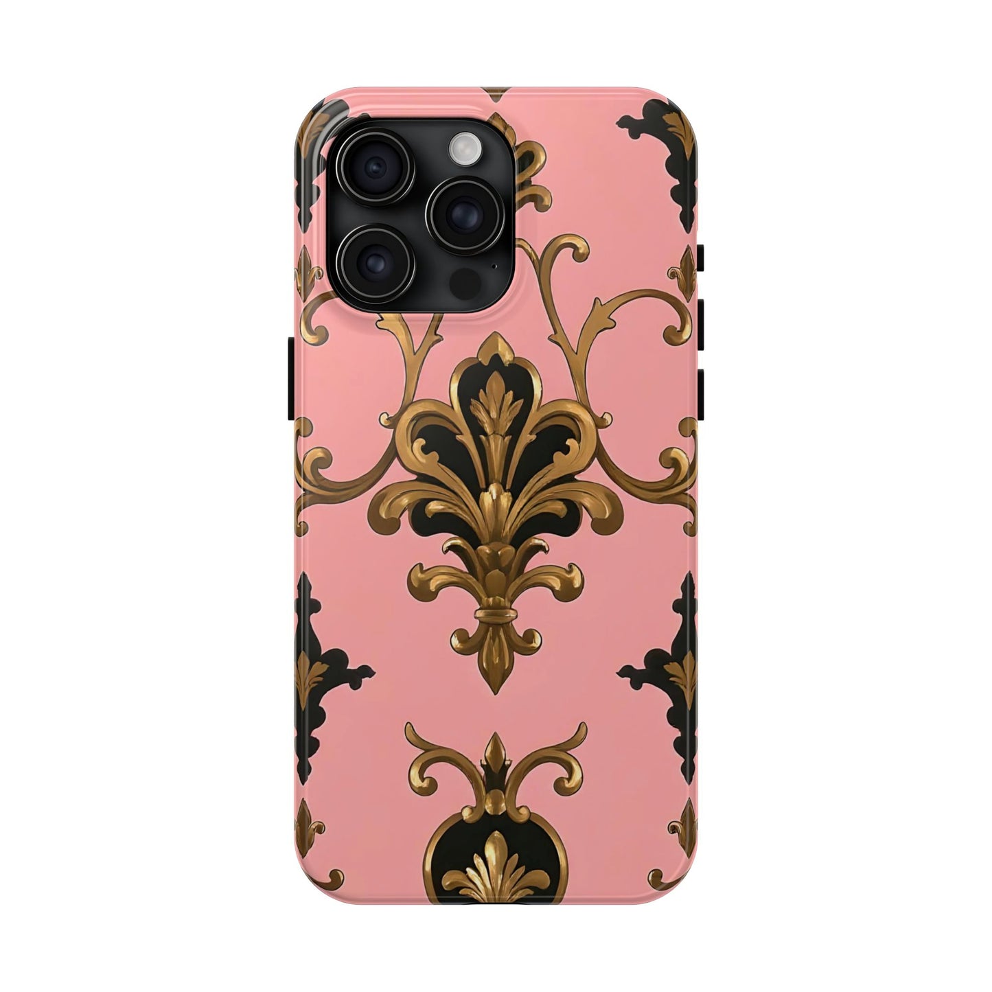 Chic Tough Phone Cases with Floral Design, Elegant Phone Cover, Durable Smartphone Case, Stylish Tech Accessory - Pink, Black & Gold Rococo