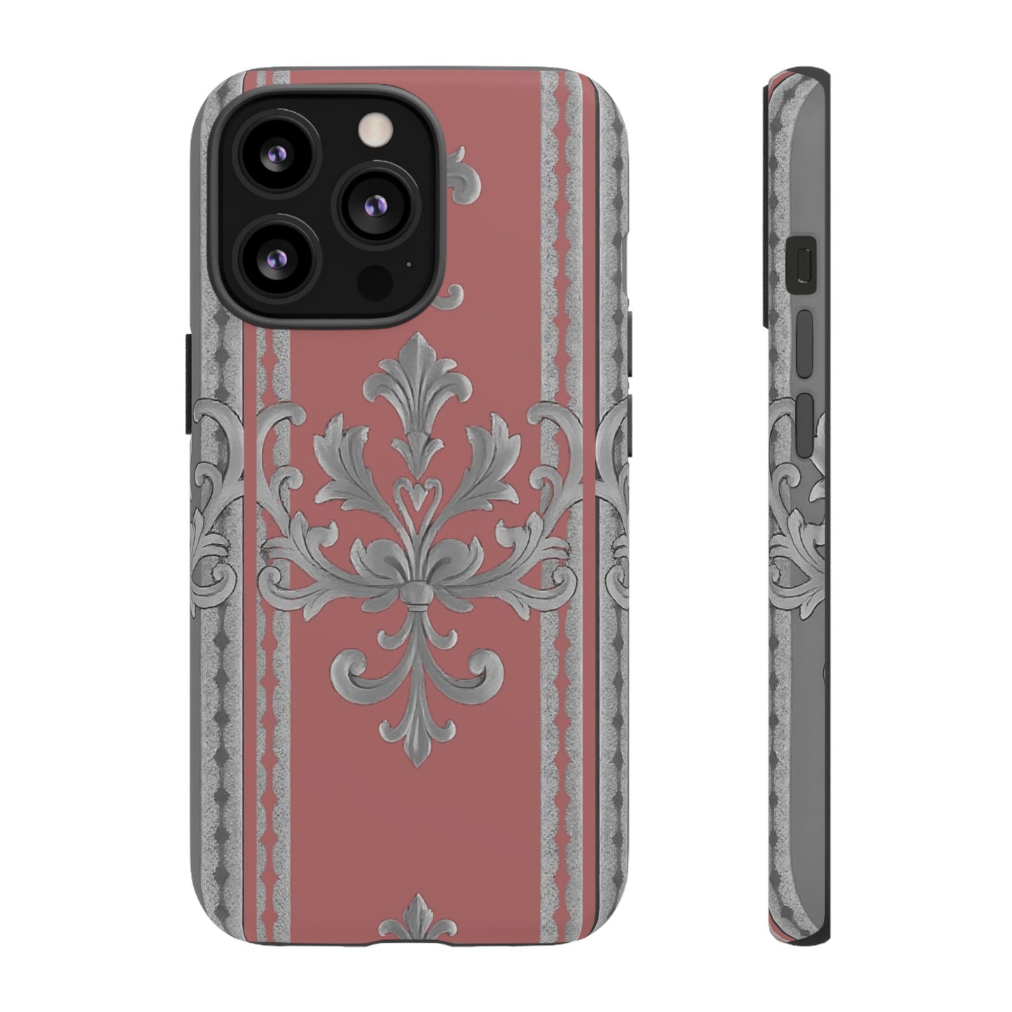 Elegant Floral Phone Case - Tough Cases for Stylish Protection - Gray & Mauve Striped Baroque